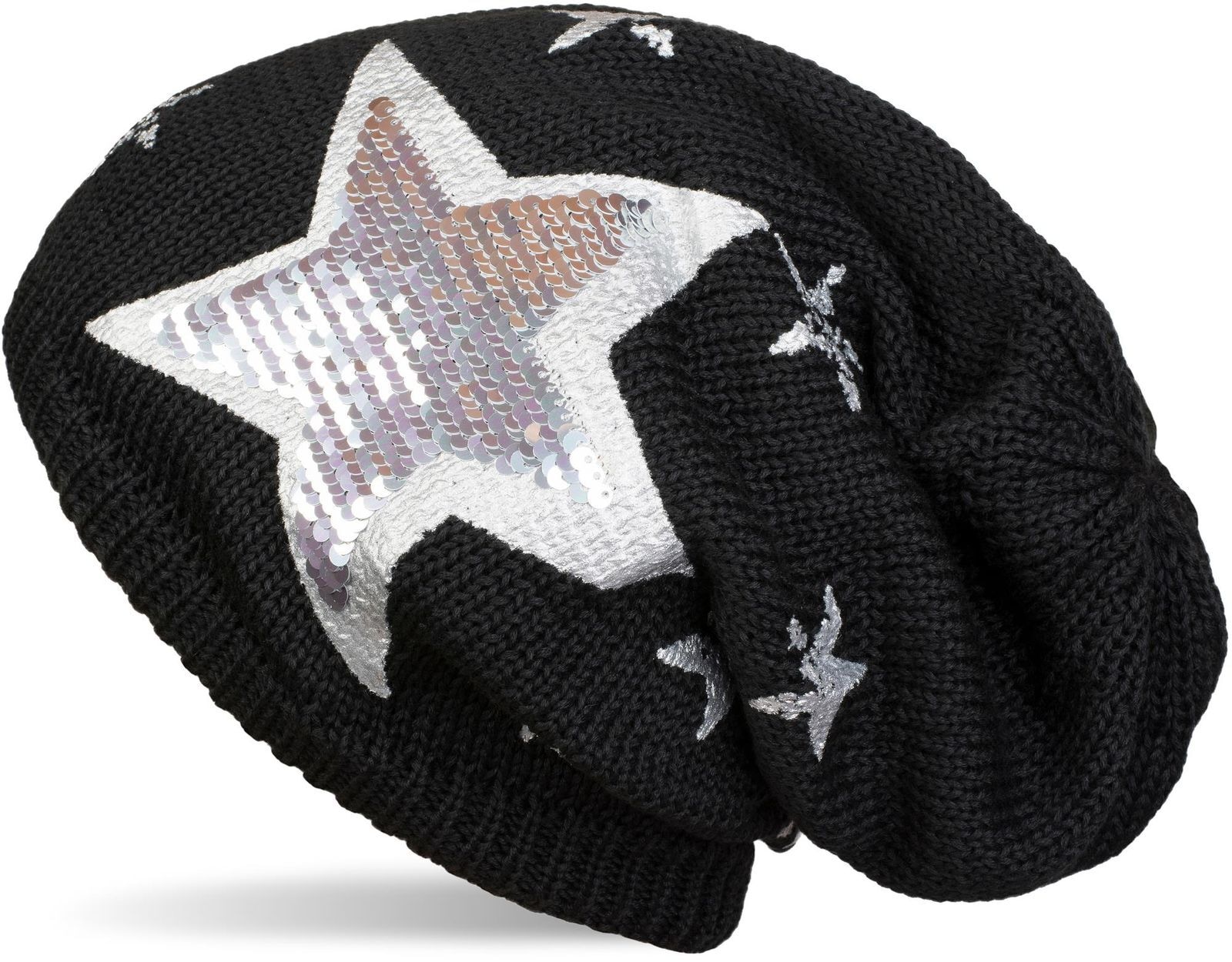 styleBREAKER Strickmütze "Strick Beanie mit Pailletten Stern Print" 1 Stk.
