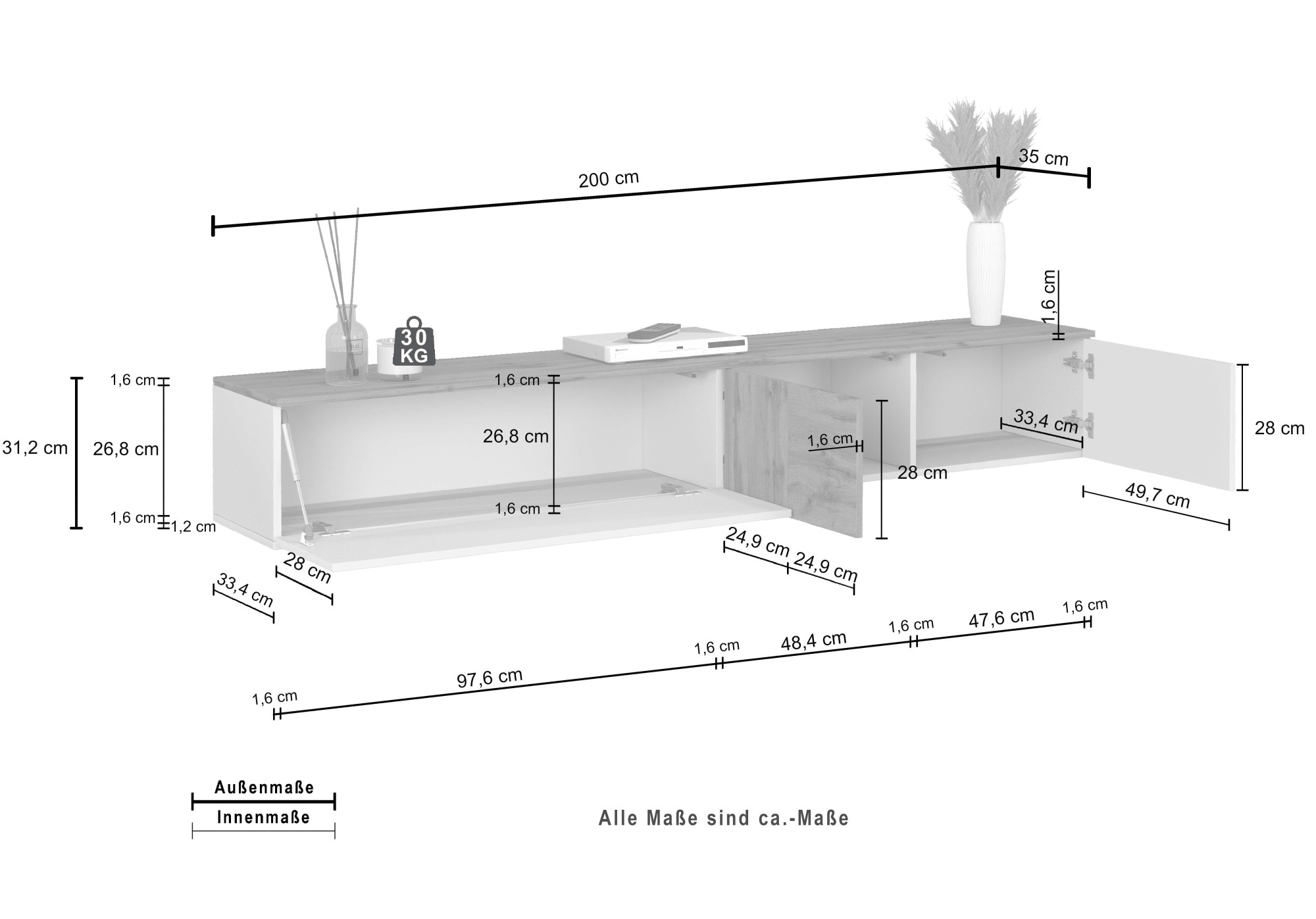 INOSIGN Lowboard »Lowboard ISEO,Lowboard,TV-Kommode,TV-Möbel,TV-Bank« 1 Stk. tlg. stehend/hängend, 1 Klappe, 2 Türen HG lackiert, 3 Fächer, B 210 cm