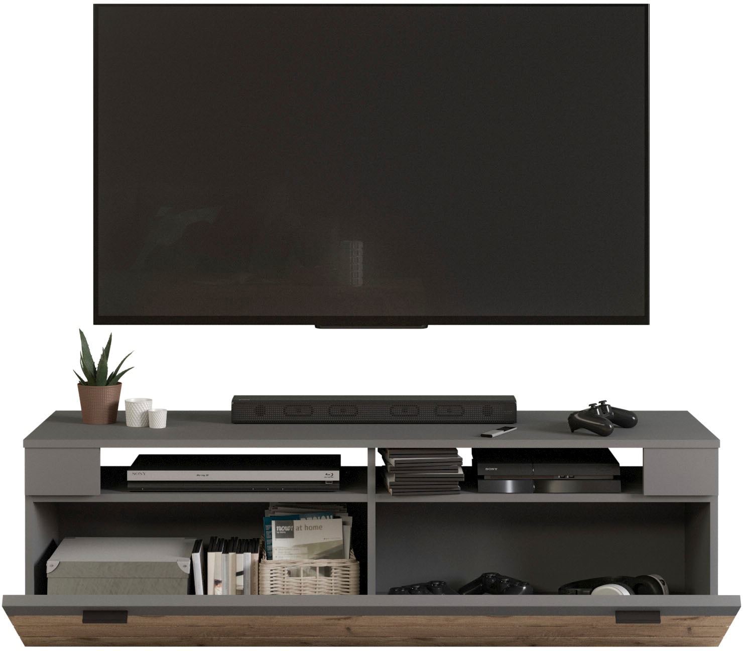 INOSIGN Wohnwand »Aalborg, Breite 350cm, 2-farbig,Metallgriffe, 4-teilig, bestehend aus:«, (4 St.), 1x Vitrine, 1x Lowboard, 1x Wandboard und 1x Highboard