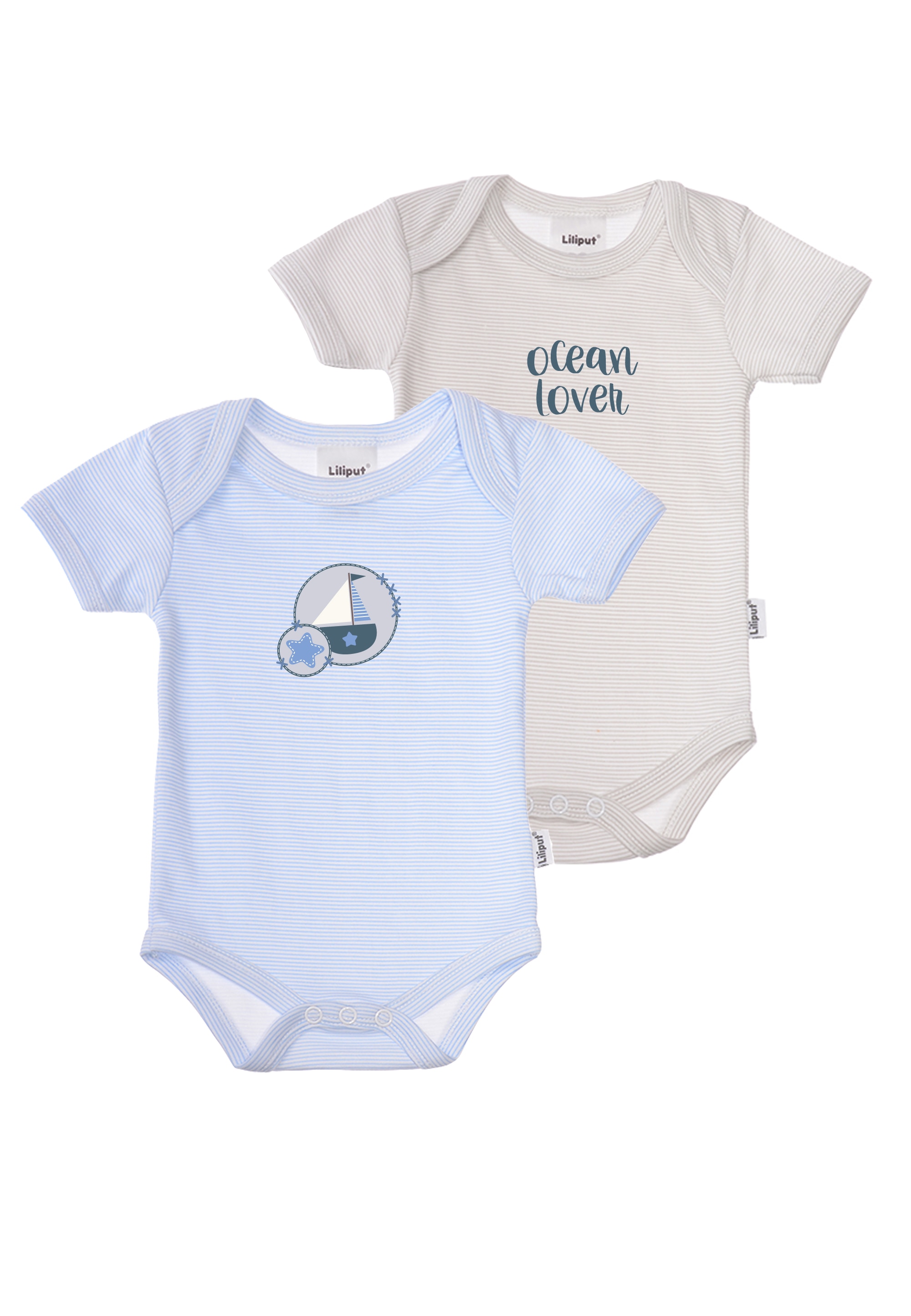Body LILIPUT "Ocean Lover", Jungen, Gr. 62/68, EURO-Größen, blau (hellblau, grau), 100% Baumwolle, bedruckt, gestreift, kurz, Rundhals, Bodys Body, im 2er-Pack mit süßen Ozean-Motiven