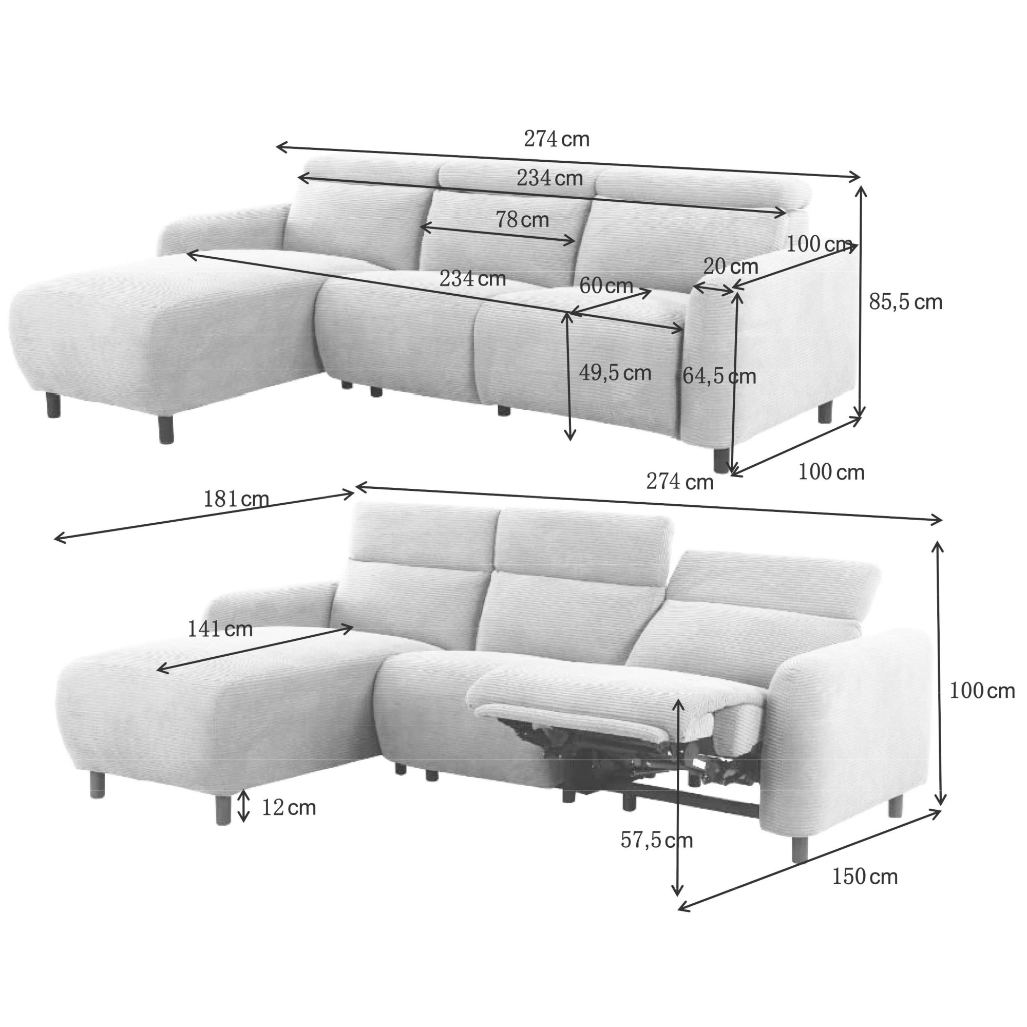 Home affaire Ecksofa »SKAANE Struktur, L-Form, 274 cm, manuelle u. elektrische Funktion,«, 274 cm, mit Kopfteilverstellung und man. oder elektr. Relaxfunktion
