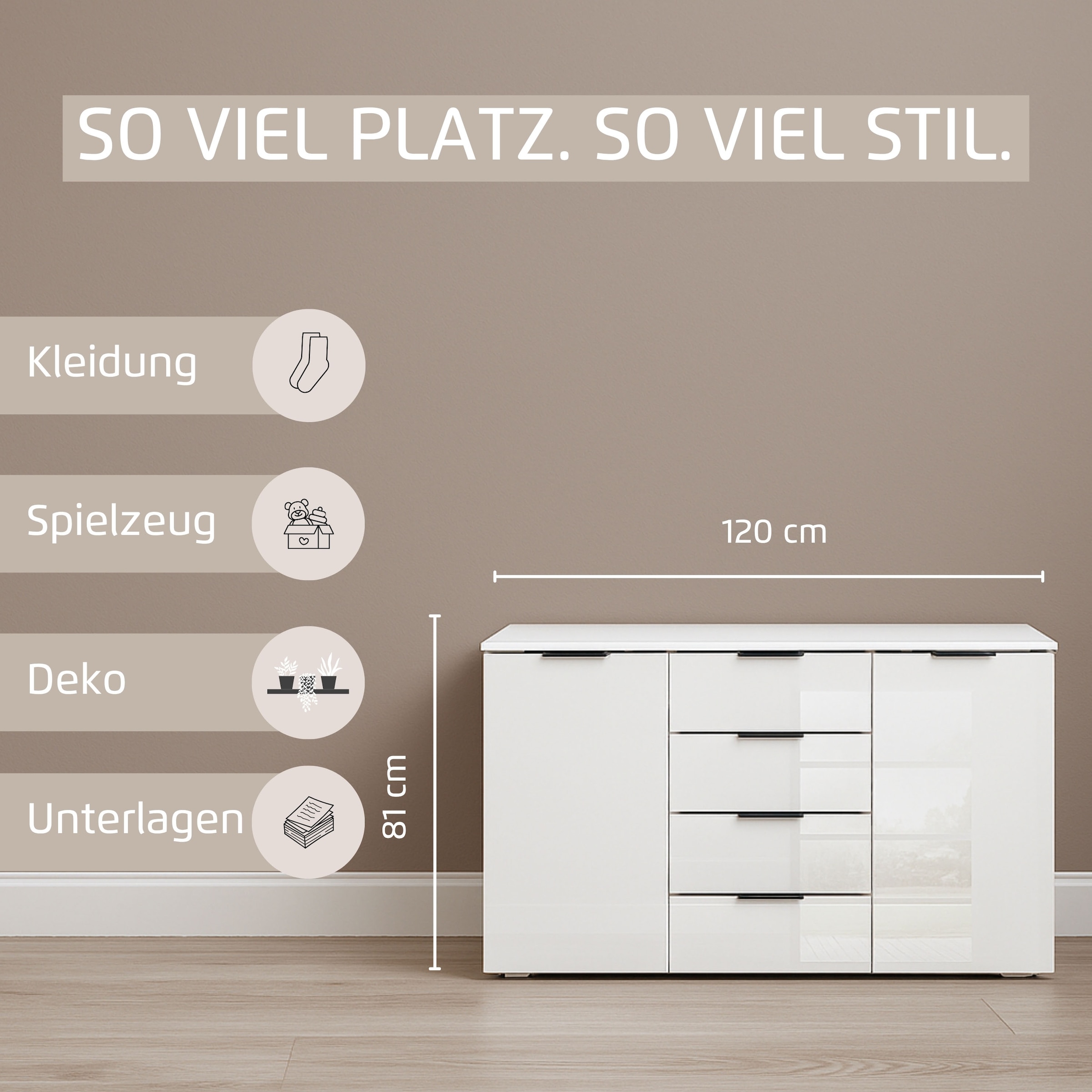 rauch Kombikommode »Sideboard Kombikommode Schubladenkommode AGORDO mit Glasfront«, (in zwei Griff-Farben, Breite 120 cm inkl. Soft-Close-Funktion), vier große Schubladen, mit insgesamt 4 Einlegeböden MADE IN GERMANY