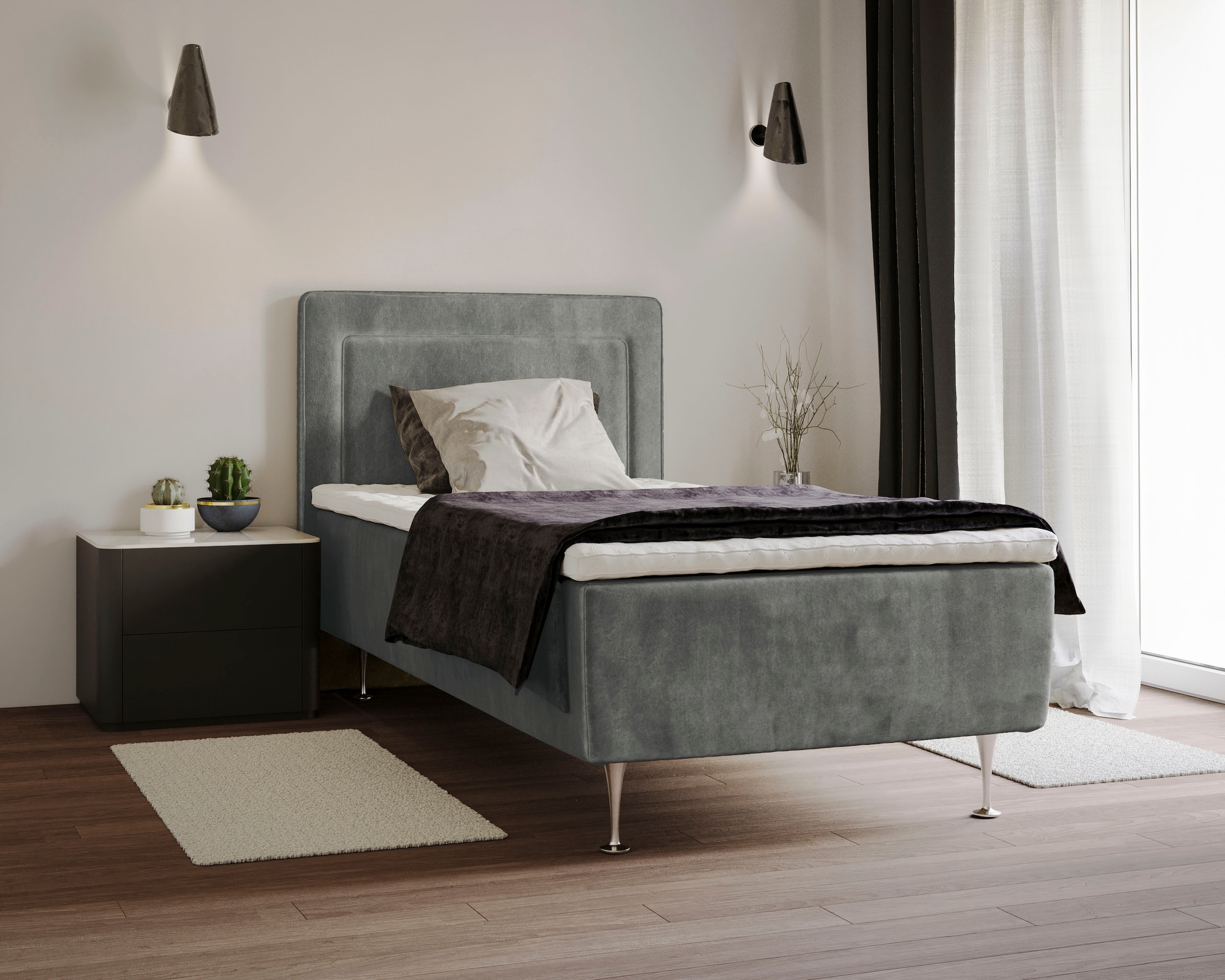 Boxspringbett HOME AFFAIRE "Hacer", grau (light gray), B:91cm L:208cm, 100% Polyester, Komplettbetten, Boxspringbett, Topper, H2 oder H3 und in Breiten 70,80,90,120,140,160,180 wählbar