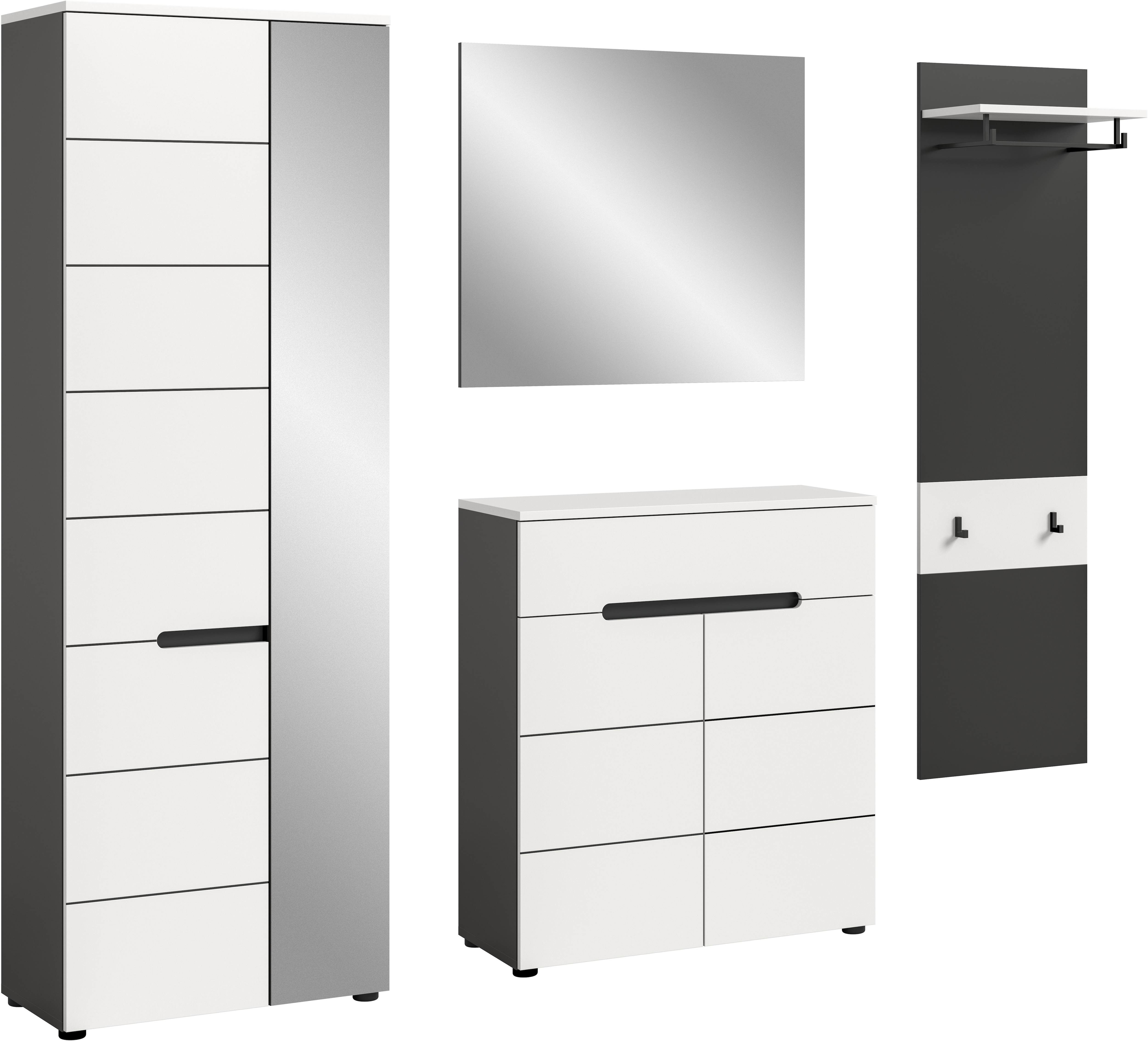 Home affaire Garderoben-Set "REHAT, TOPSELLER, 4-teilig, Breite 220 cm, individuell erweiterbar" Set, bestehend aus: Garderobenschrank, Kommode, Spiegel & Garderobenpaneel, 4 Stk. tlg.