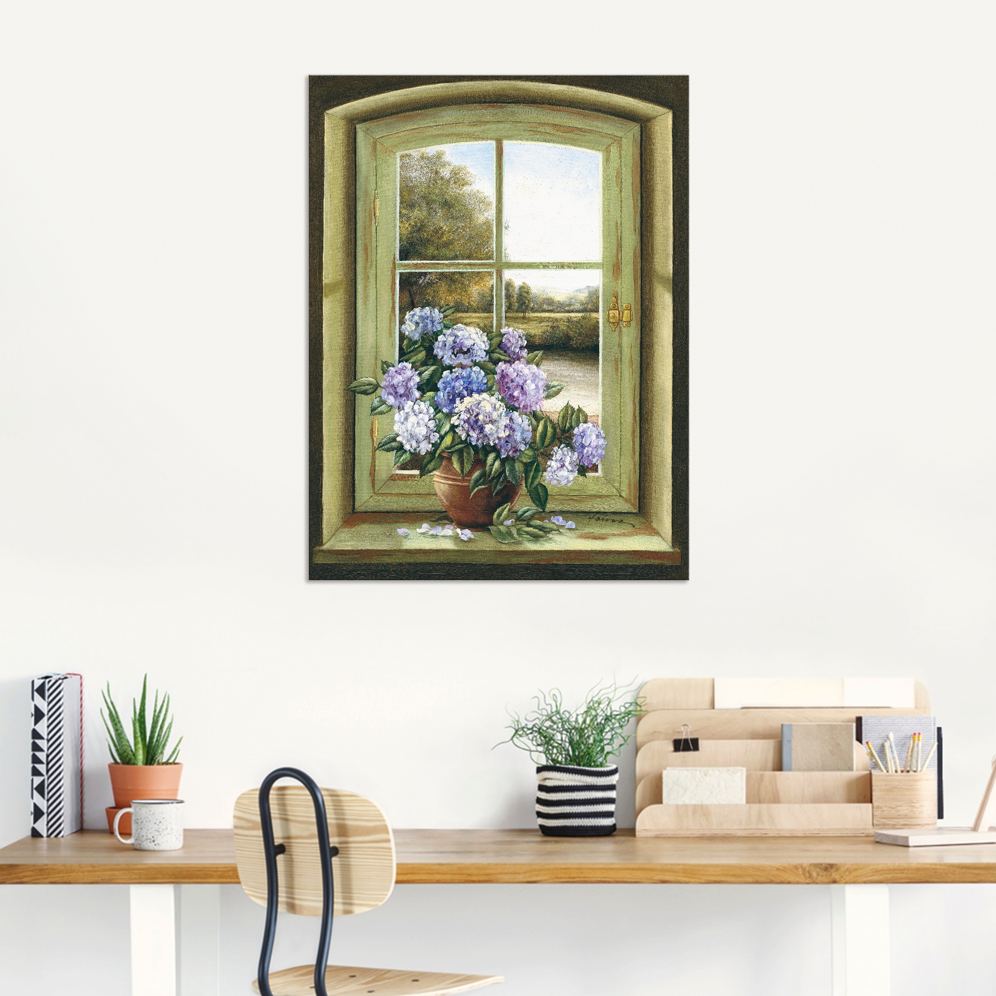 Artland Wandbild »Hortensien am Fenster«, Arrangements, (1 St.), als Alubild, Outdoorbild, Leinwandbild, Poster, Wandaufkleber