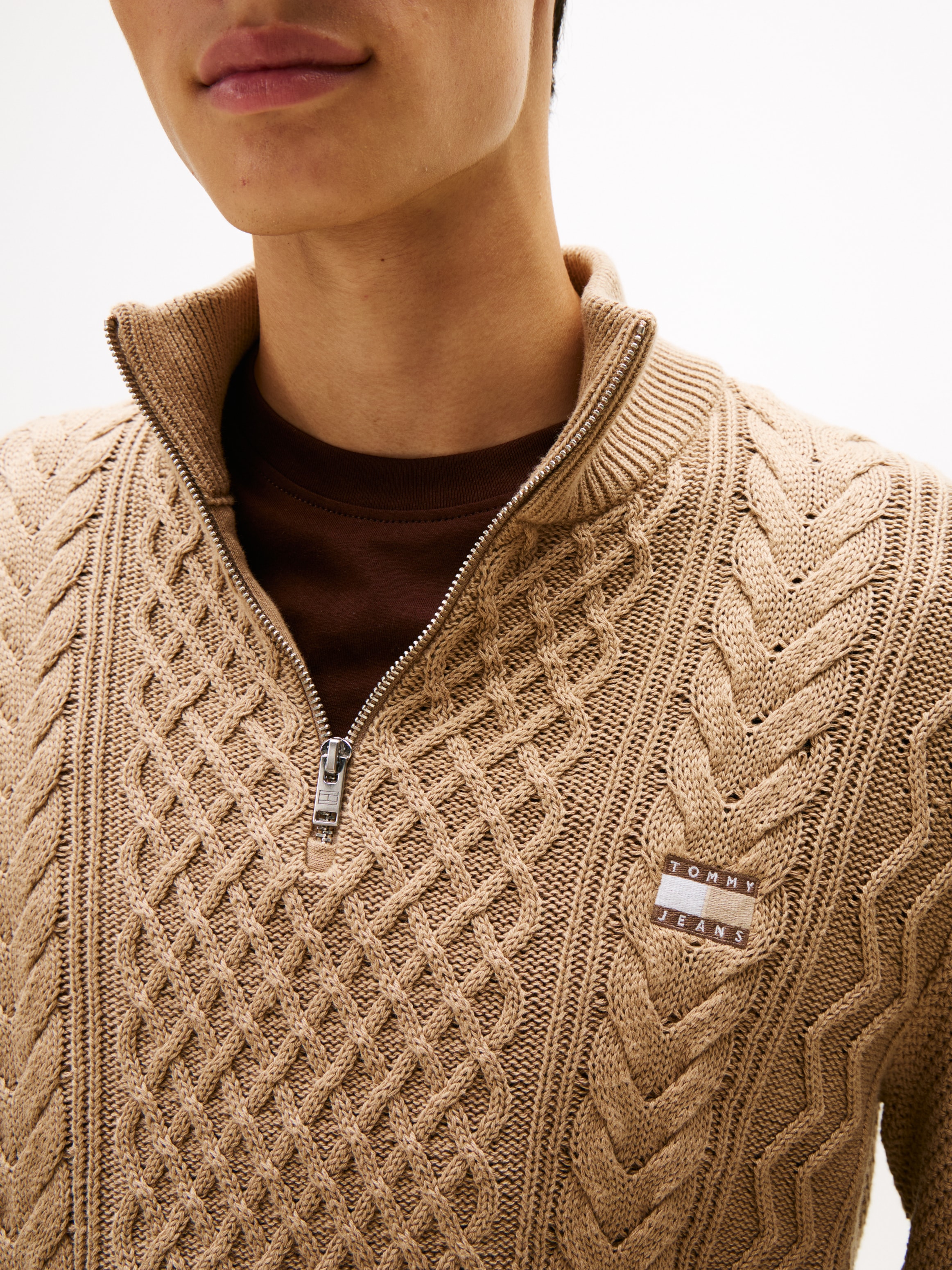 Tommy Jeans Strickpullover, Troyer-Kragen mit Reißverschluss, slim fit, Zopfstrick-Muster