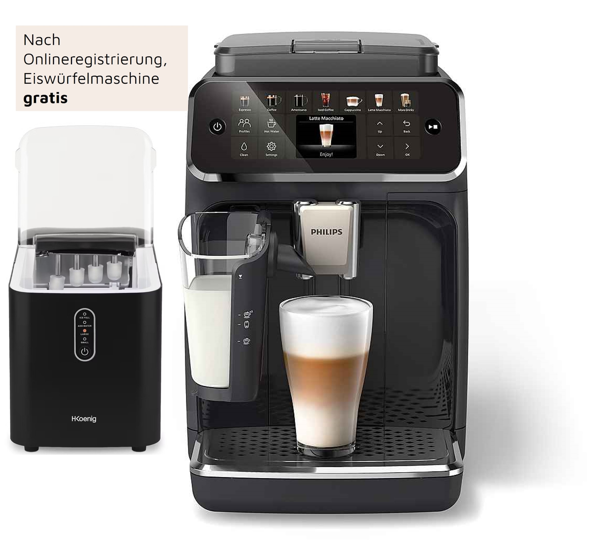 Philips Kaffeevollautomat »EP4441/50 4400 Series, 12 Kaffeespezialitäten (heiß oder eisgekühlt),«, LatteGo-Milchsystem, SilentBrew Technologie, Schwarz
