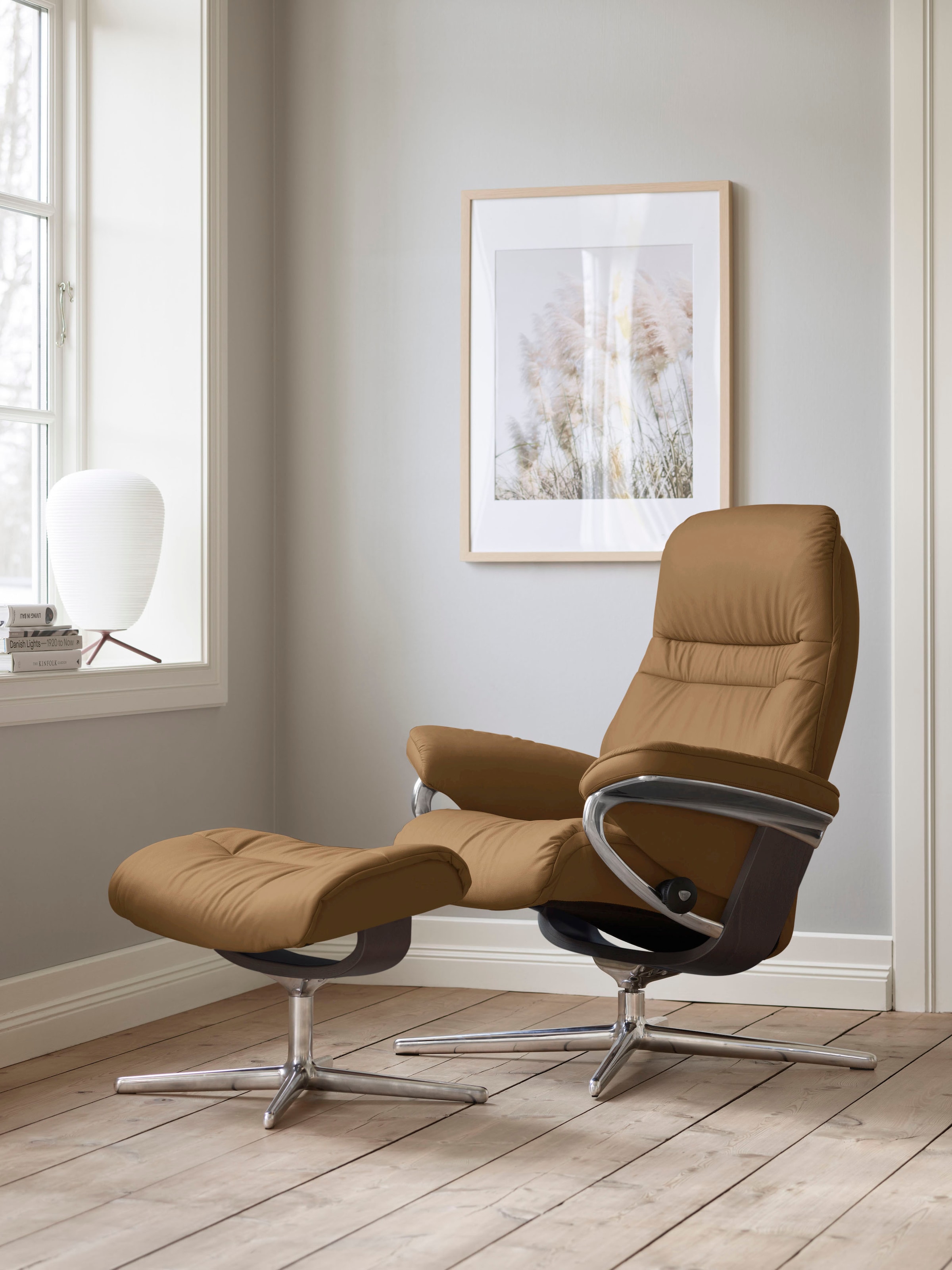 Stressless Relaxsessel "Sunrise" Set, Relaxsessel mit Hocker, mit Hocker, mit Cross Base, Größe S, M & L, Holzakzent Wenge