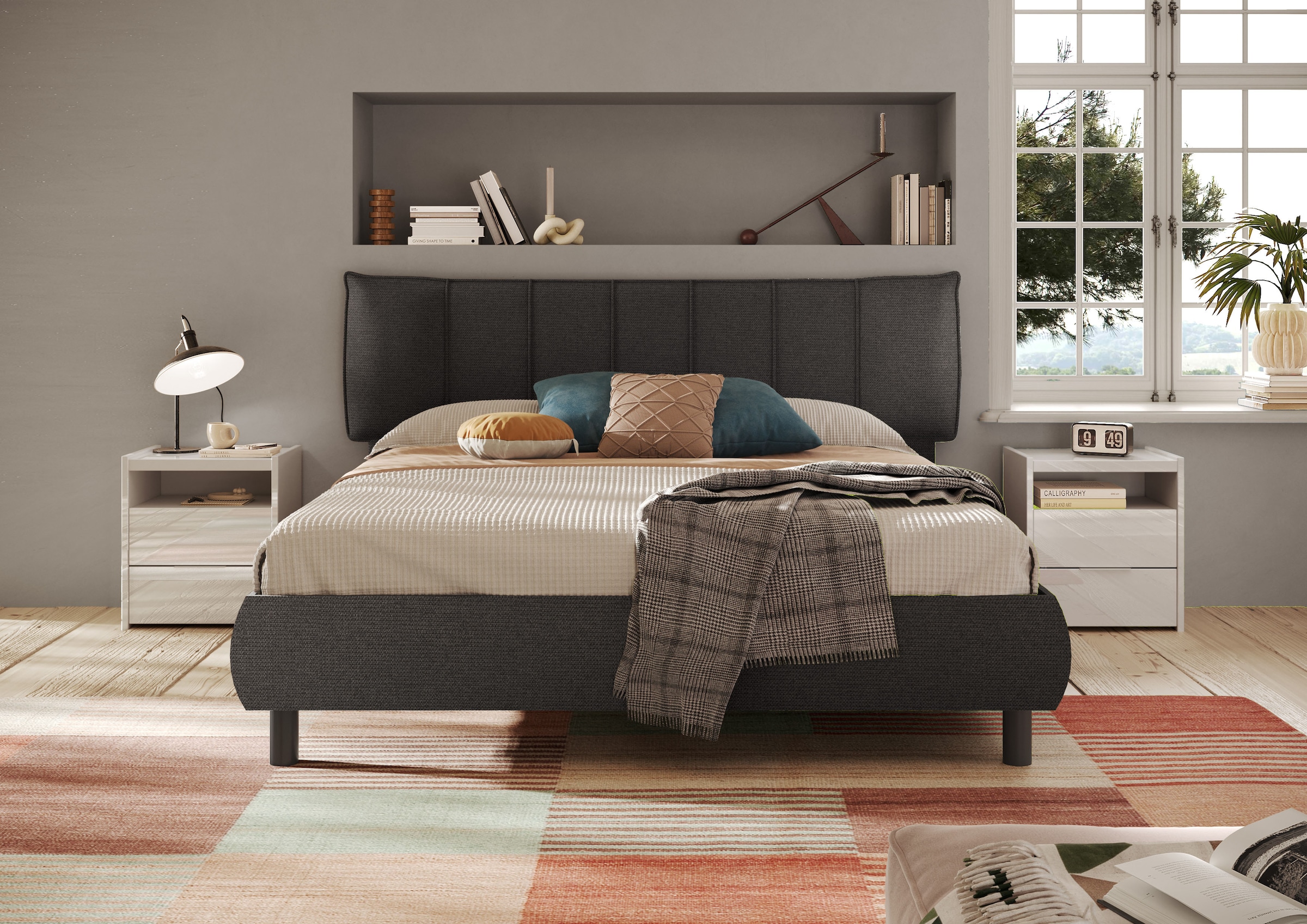 INOSIGN Polsterbett »HUG, Bettgestell Liegefläche 180x200 cm, Doppelbett,«, Kopfteil gepolstert, Bettrahmen gebogen, Stoff Rauchgrau