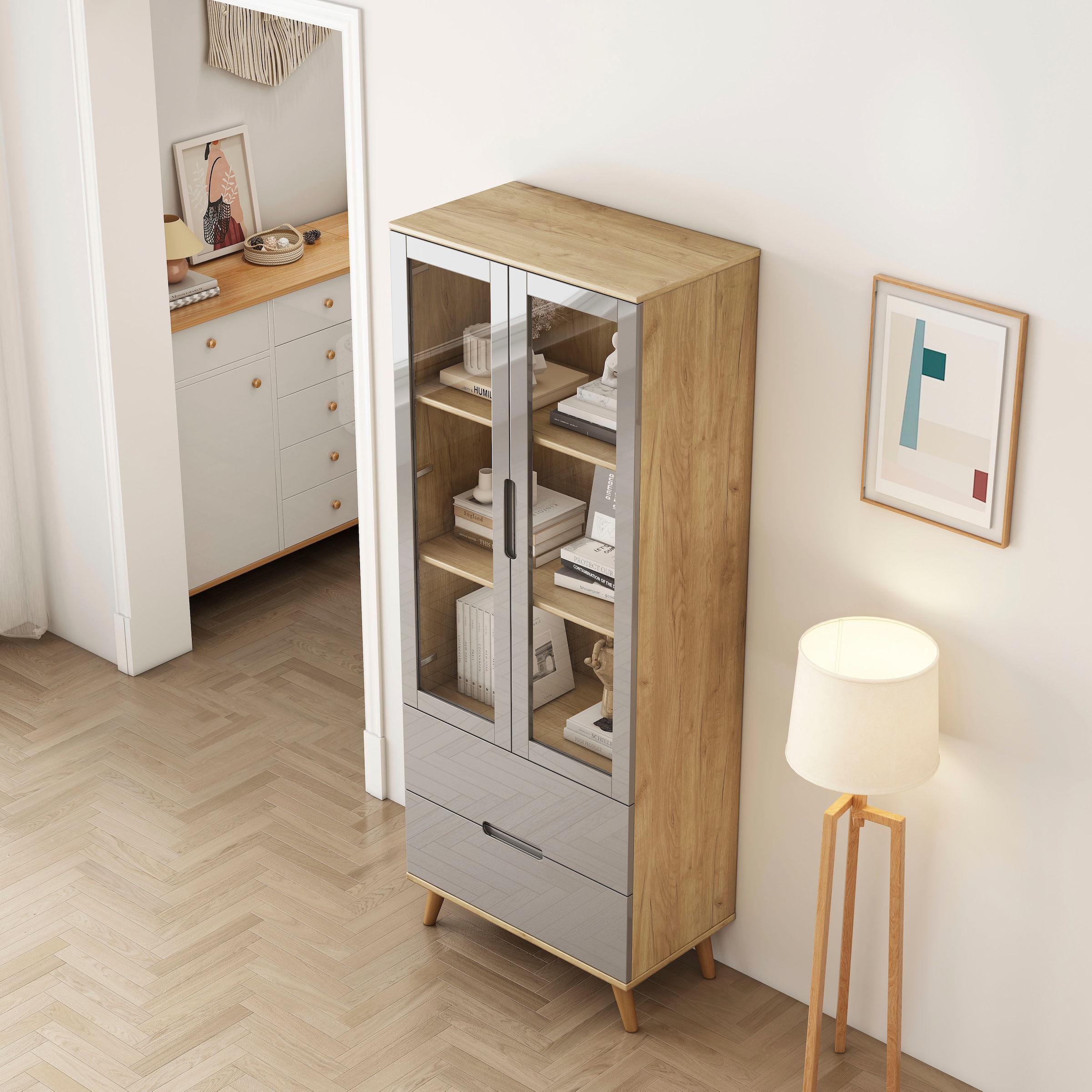 OTTO home Highboard »Lund« mit glänzenden Fronten, Glastüren, helles Holzdekor, Breite 70 cm