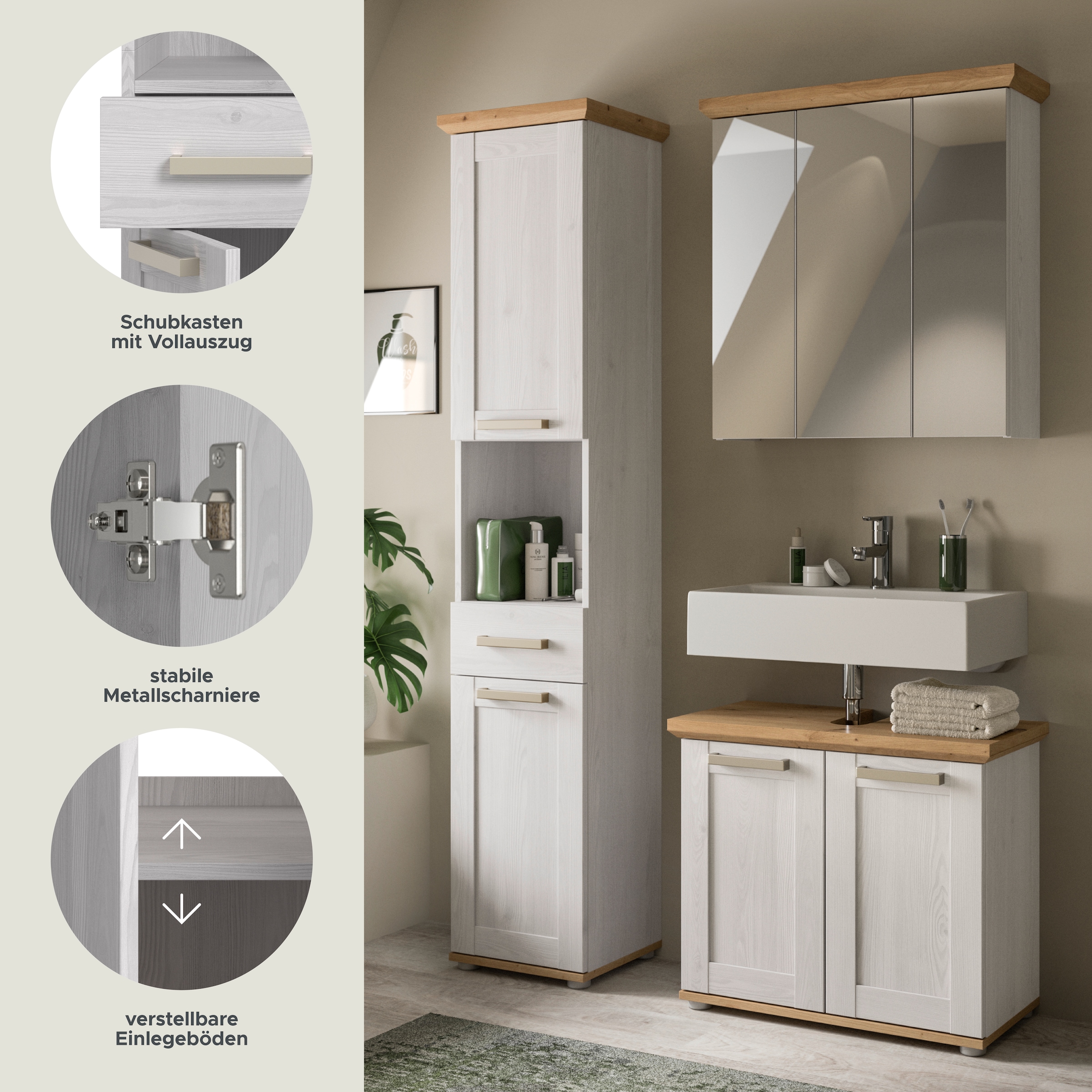 welltime Badmöbel-Set »COSENZA, 3-teilig, in Landhausoptik, mit farblich abgesetztem Kranz« best. aus: Hochschrank, Spiegelschrank und Waschbeckenunterschrank, 3 Stk. tlg.