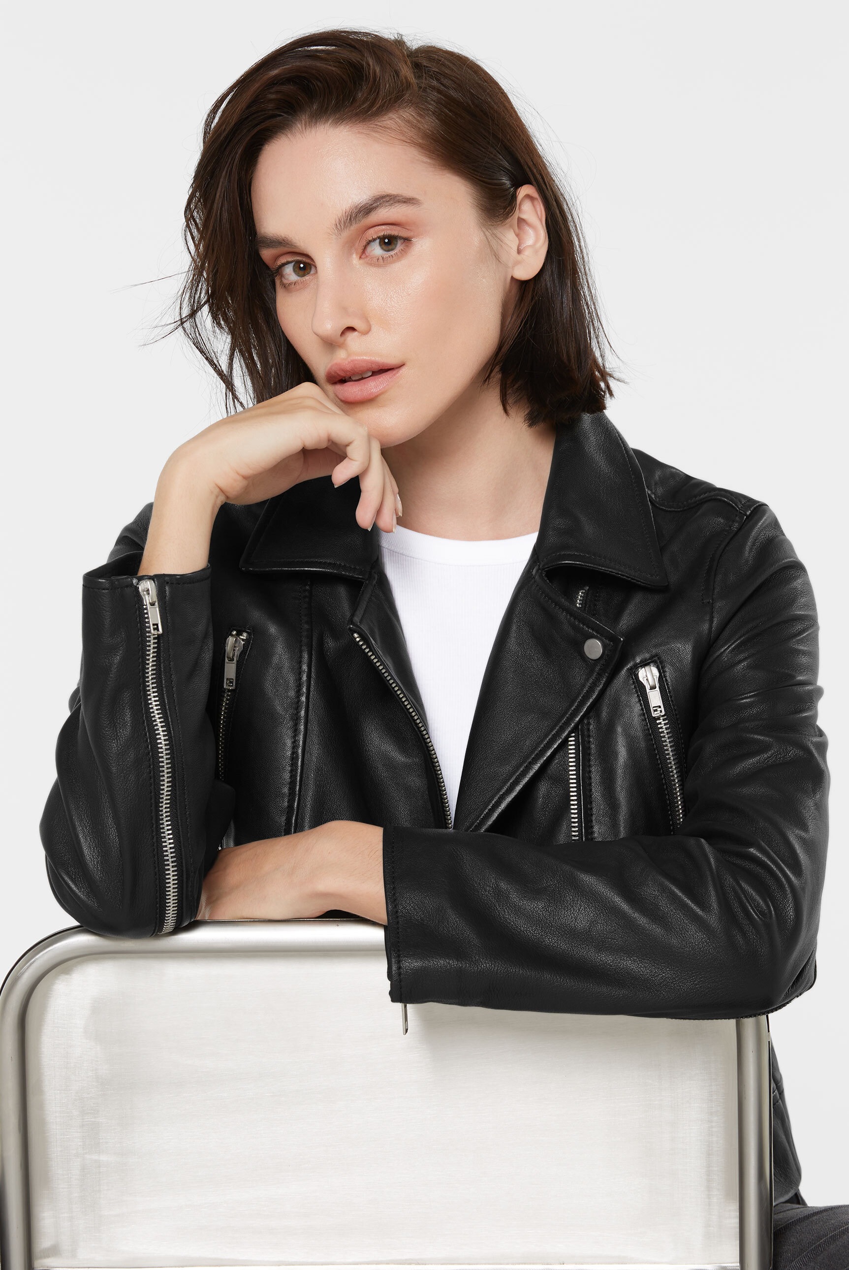 SENSES.THE LABEL Lederjacke, ohne Kapuze, mit Zipper am Ärmelende