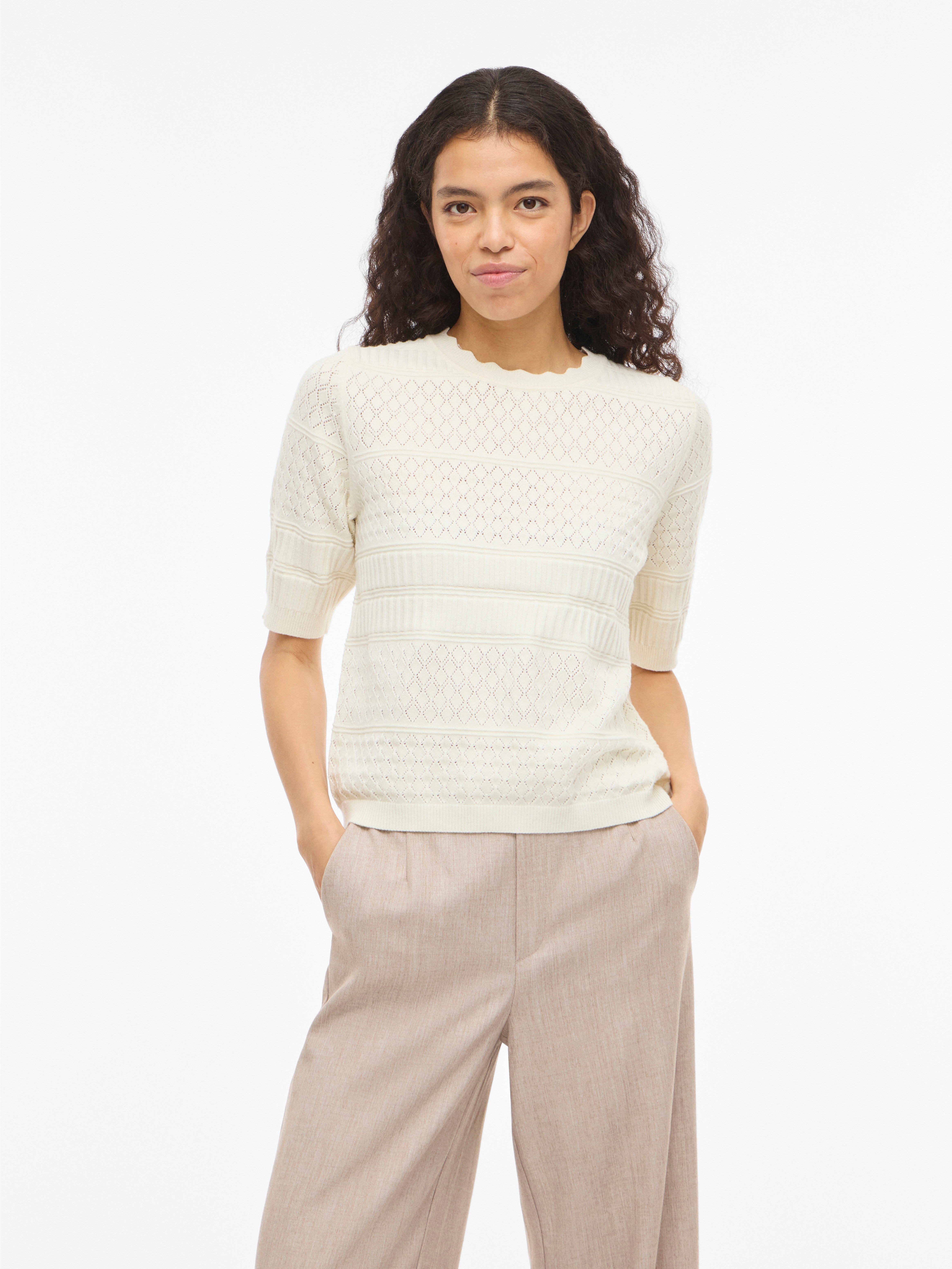 Vila 1100000002199 "VIMILOS S/S O-NECK POINTELLE TOP - NOOS"