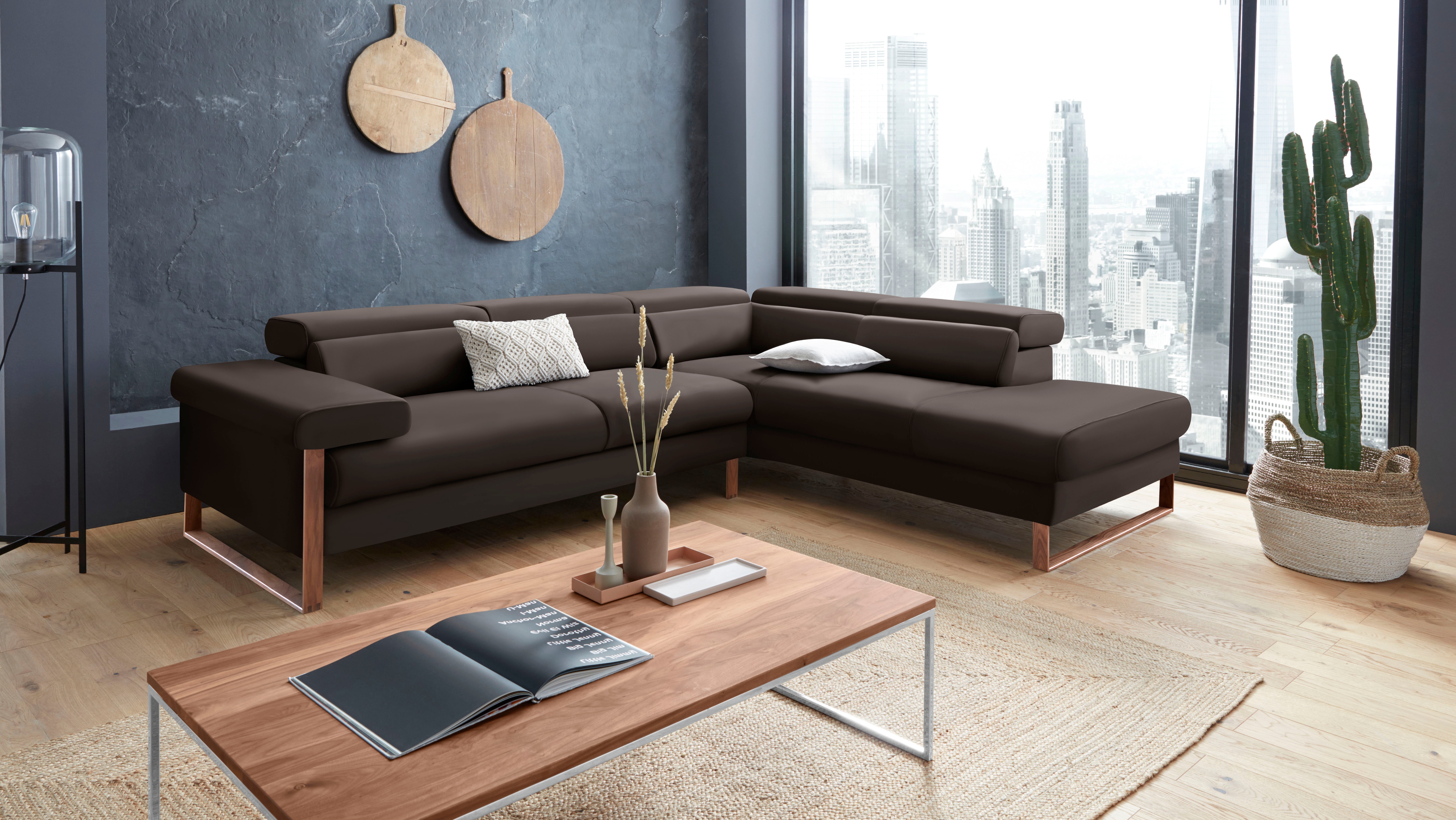 W.SCHILLIG Ecksofa "finn, Designsofa mit tollem Sitzkomfort, bequem, L-Form" German Design Award 2016, Fußgestell Nussbaum natur, Breite 281 cm