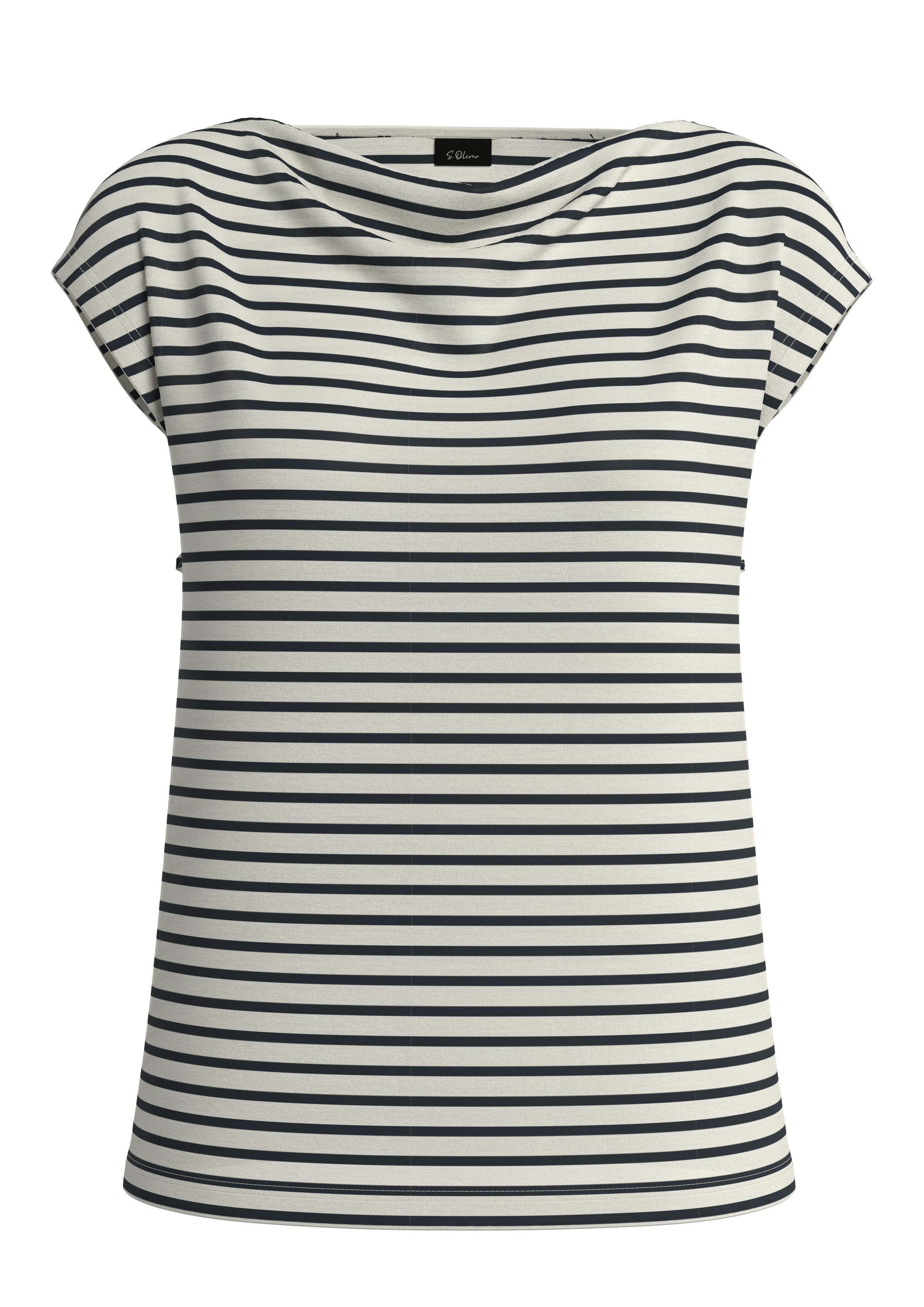 T-Shirt S.OLIVER BLACK LABEL, Damen, Gr. 38, weiß stripe, Jersey, Obermaterial: 95% Baumwolle, 5% Elasthan, gestreift, normal hüftbedeckend, Wasserfallausschnitt, Shirts T-Shirt, mit Wasserfallausschnitt und Streifen-Design 4