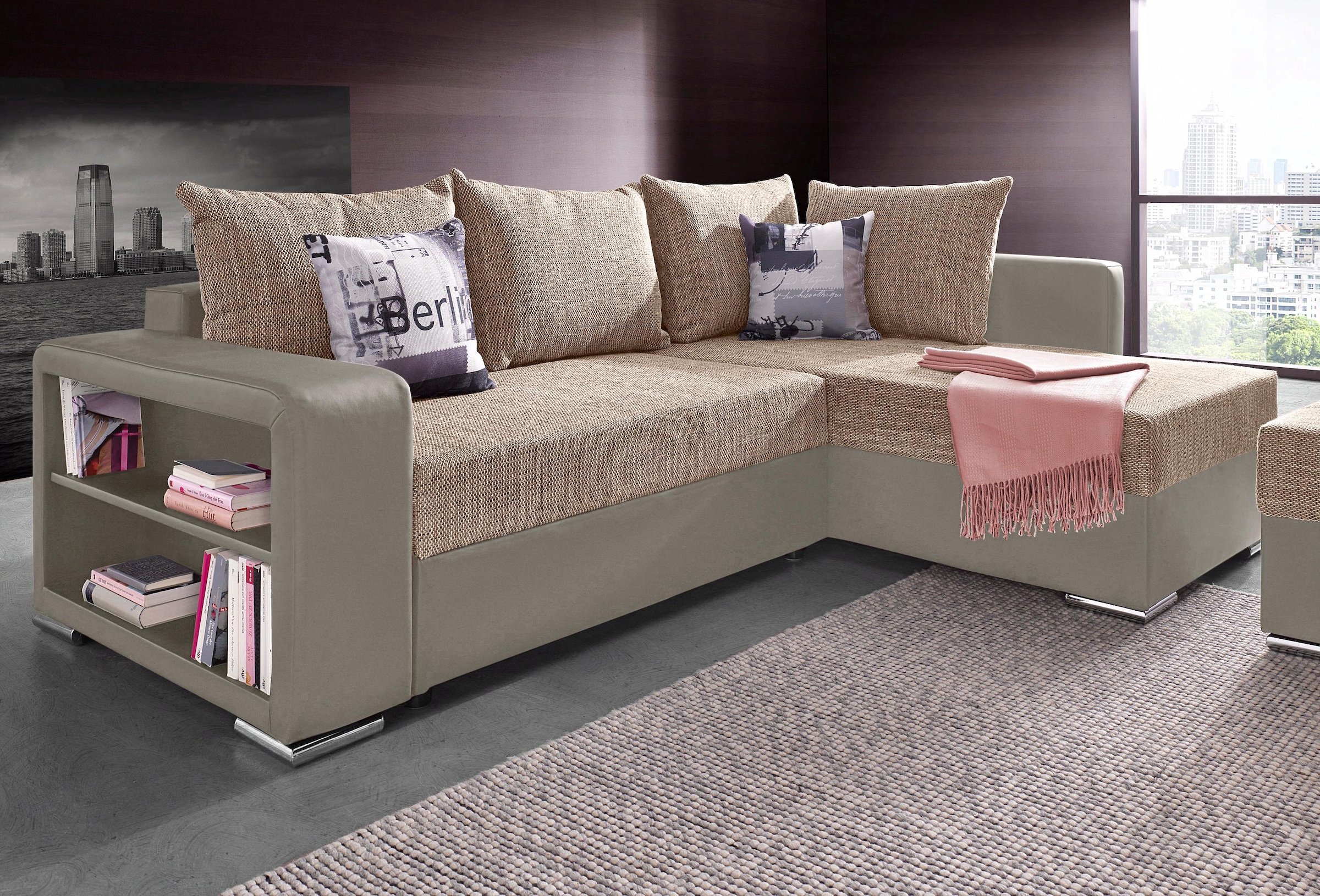 COLLECTION AB Ecksofa »John L-Form«, mit Bettfunktion, Bettkasten und Regalarmteil