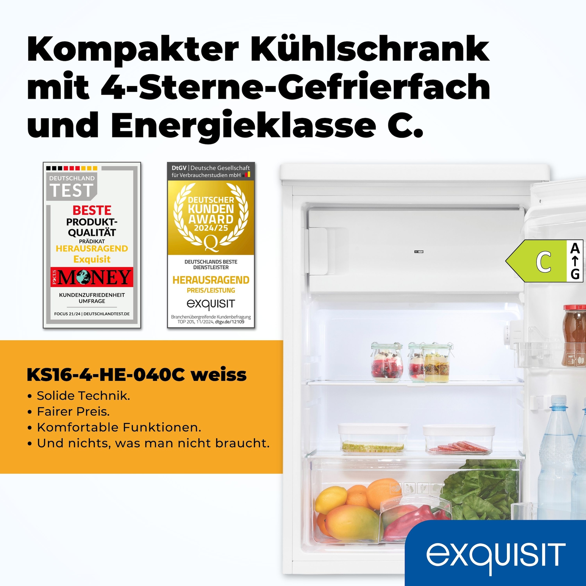 exquisit Kühlschrank »KS16-4-HE-040C weiss«, geräumige 4-Sterne-Gefrierfach