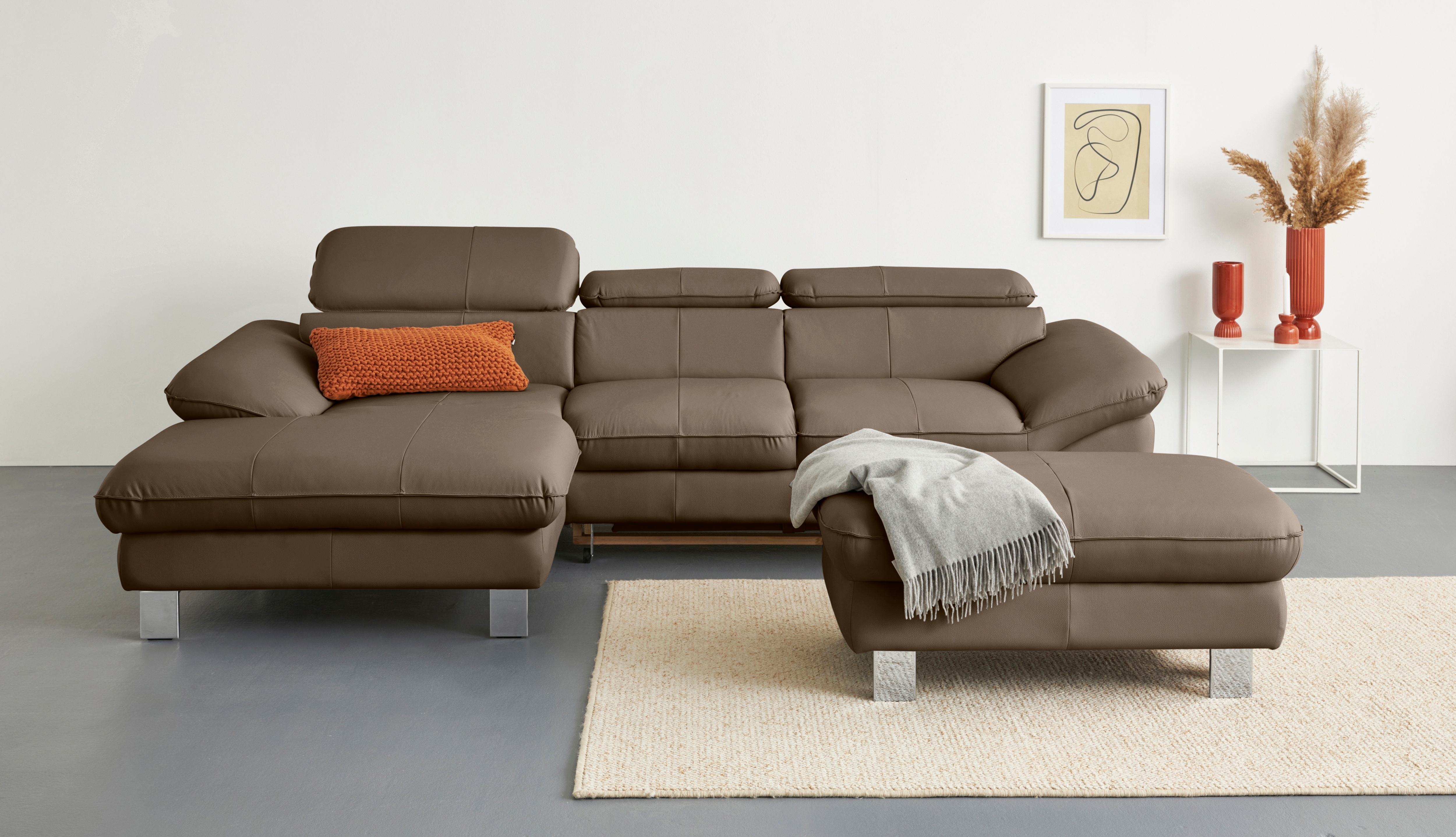 COTTA Ecksofa "Driver L-Form, B: 268 cm, moderne Couch mit Wellenunterfederung, Leder" Kopfteilverstellung, opt. Schlaffunktion + XL Bettkasten, LF:191x129cm
