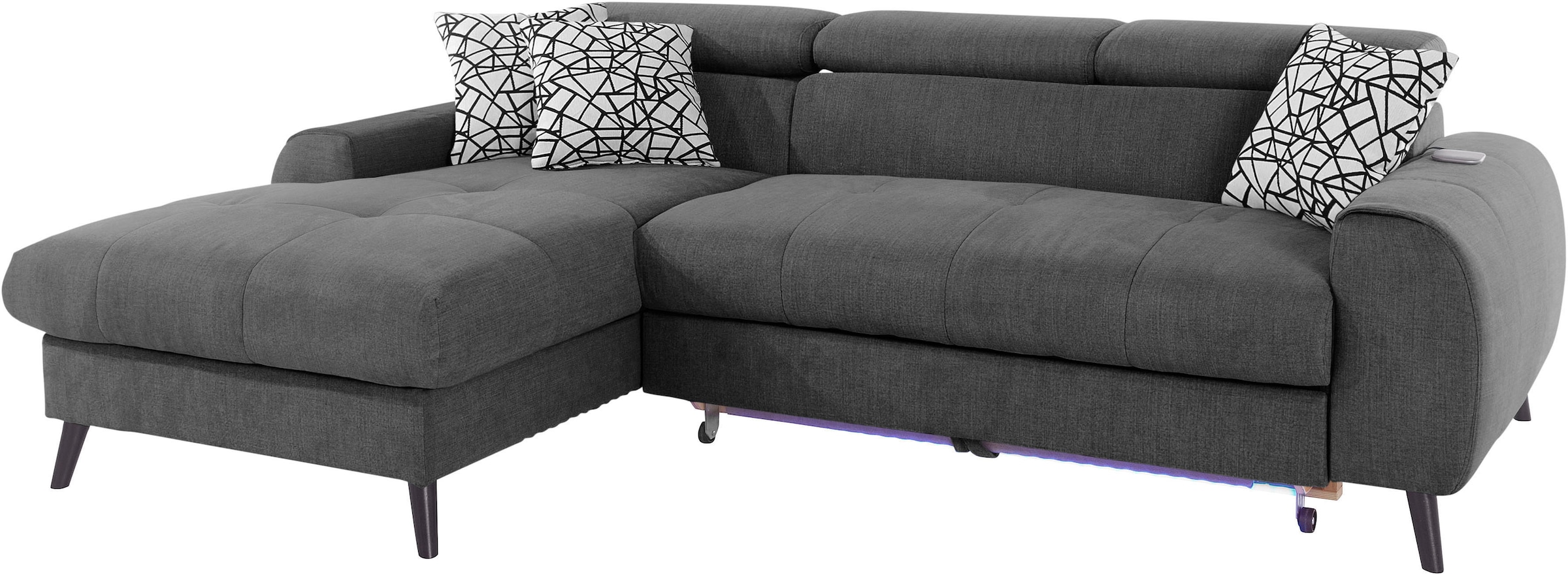 COTTA Ecksofa »Mia L-Form mit 3 Zierkissen«, wahlweise mit Bettfunktion, Bettkasten, Beleuchtung & Wireless-Charger