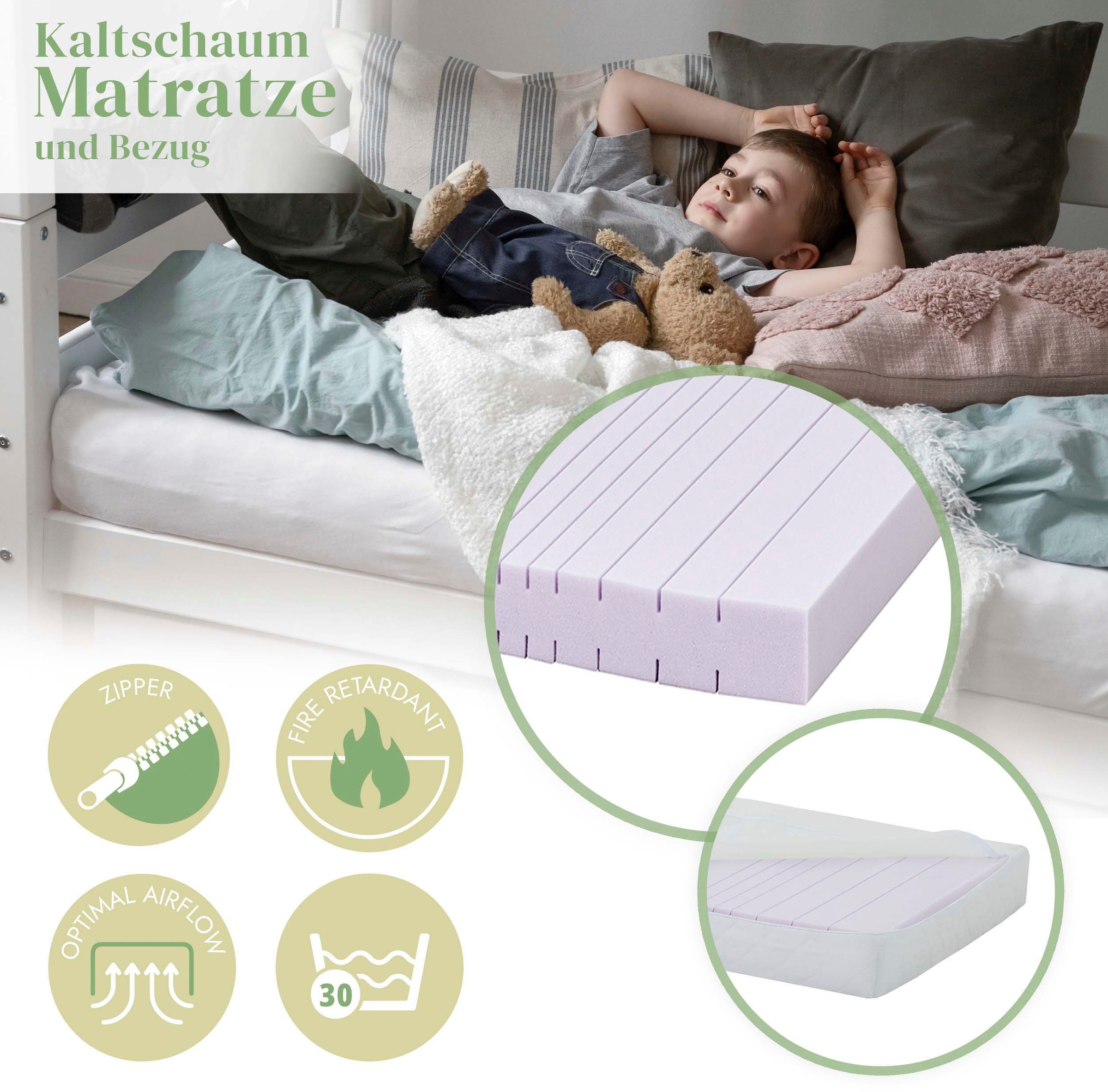 Hoppekids Etagenbett »ECO Comfort Kinderbett 90x200 oder 70x160 aus Massivholz in 4 Farben«, TÜV, FSC und Nordisches Umweltzeichen – wahlweise mit Matratzen