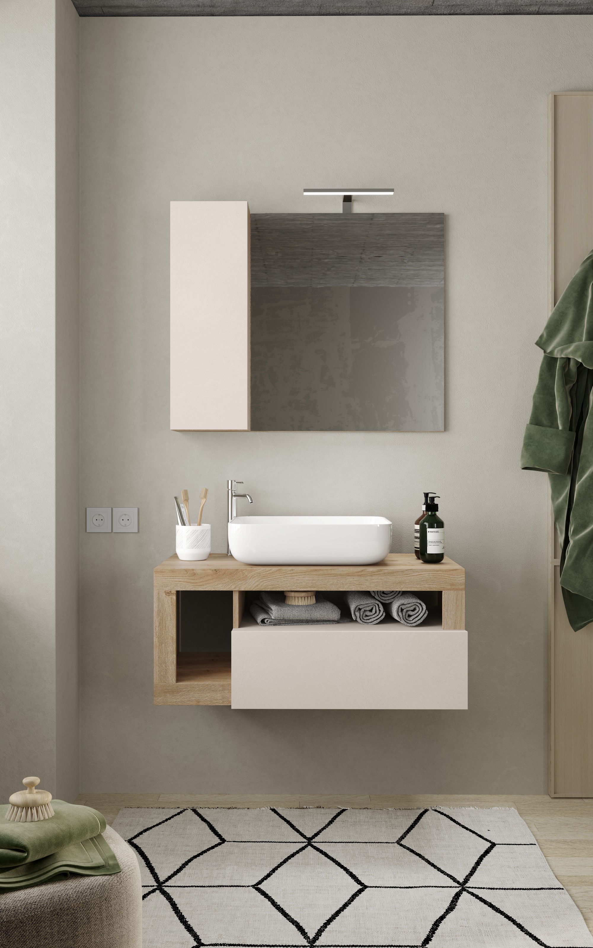 welltime Badmöbel-Set »Hamburg, Badezimmerset 2tlg. Breite 92 cm, Badmöbel, Waschtisch inkl.«, (Spar-Set, 2 St.), Waschbecken, Spiegelschrank mit LED Aufbauleuchte, Soft-Close-Funktion