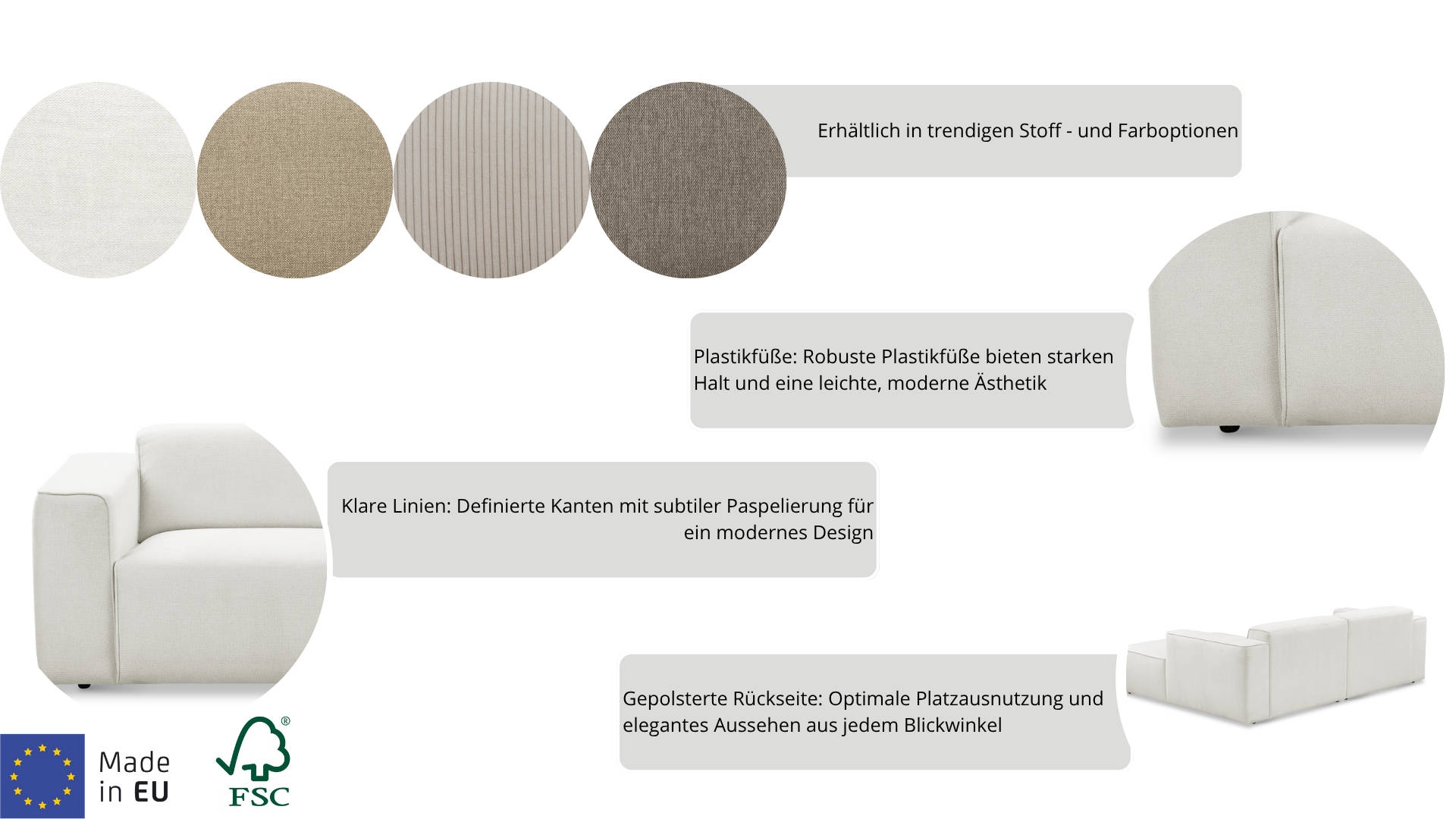 andas Ecksofa »Noord«, mit Kedernaht, Breite 234 cm, Cord, Struktur, Webstoff