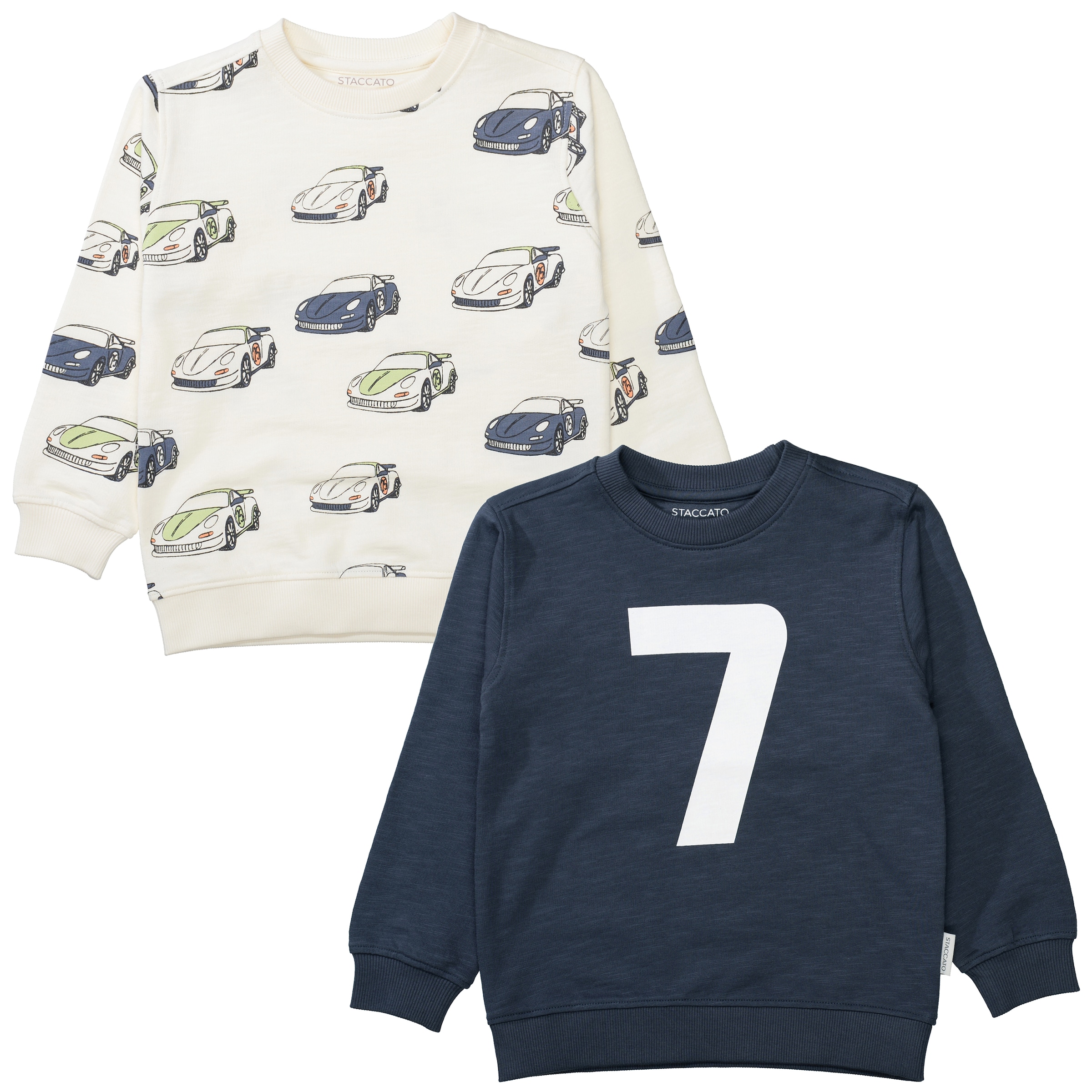 Sweatshirt STACCATO, Jungen, Gr. 92/98, dunkelblau, hellweiß, Sweatware, Obermaterial: 100% Baumwolle, bedruckt, normal hüftbedeckend, Rundhals, Flachstrickbündchen, Sweatshirts Sweatshirt, 2er Pack, Auto-Motive und Zahlenprint für Boys
