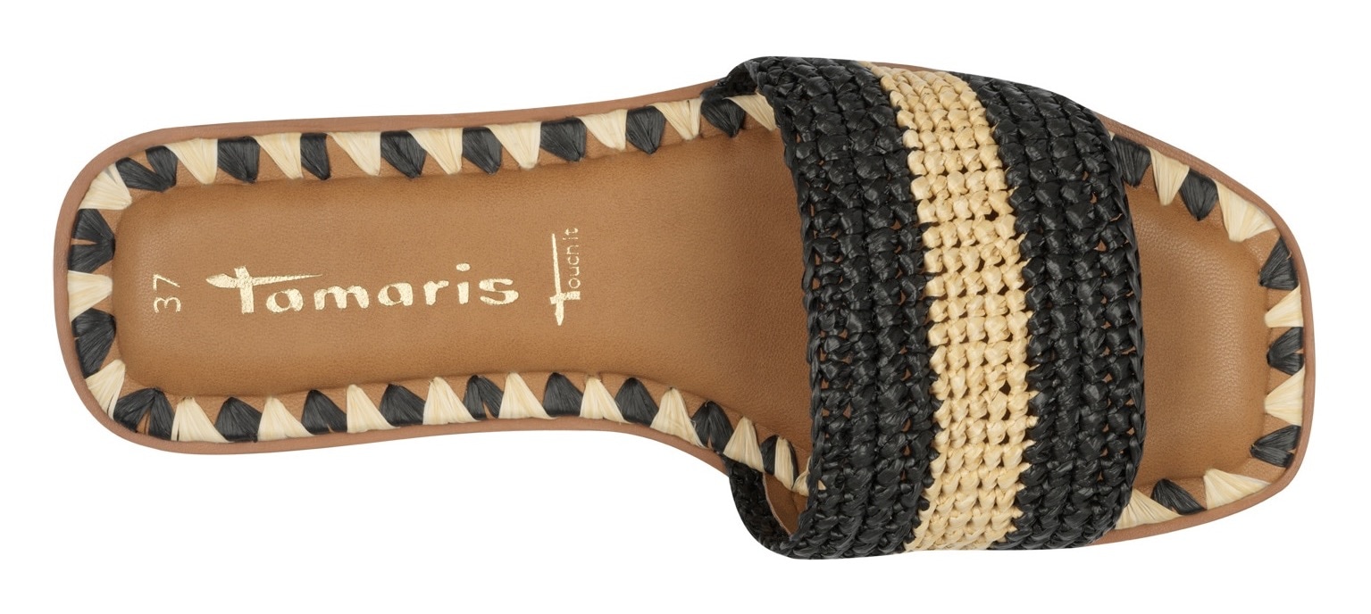 Tamaris Pantolette, Blockabsatz, Sommerschuh, Strandschuh, zweifarbige Bast-Umrandung