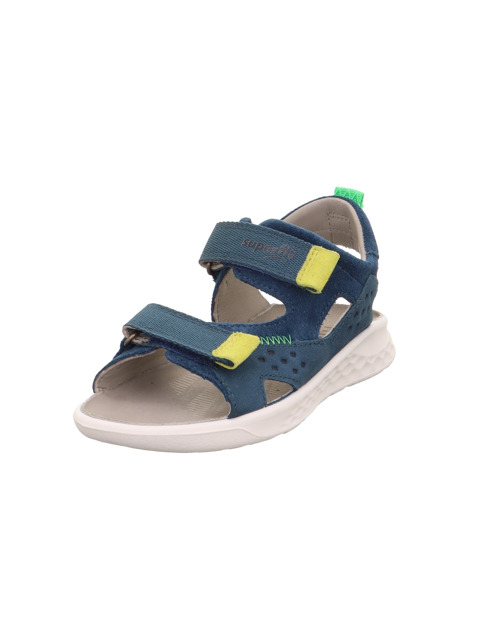 Sandale SUPERFIT "LAGOON WMS: mittel", Mädchen, Gr. 30, dunkelblau, gelb, Nubukleder, Veloursleder, Schuhe Sandale, Klettschuh, in WMS: Weite mittel, Größenschablone zum Download