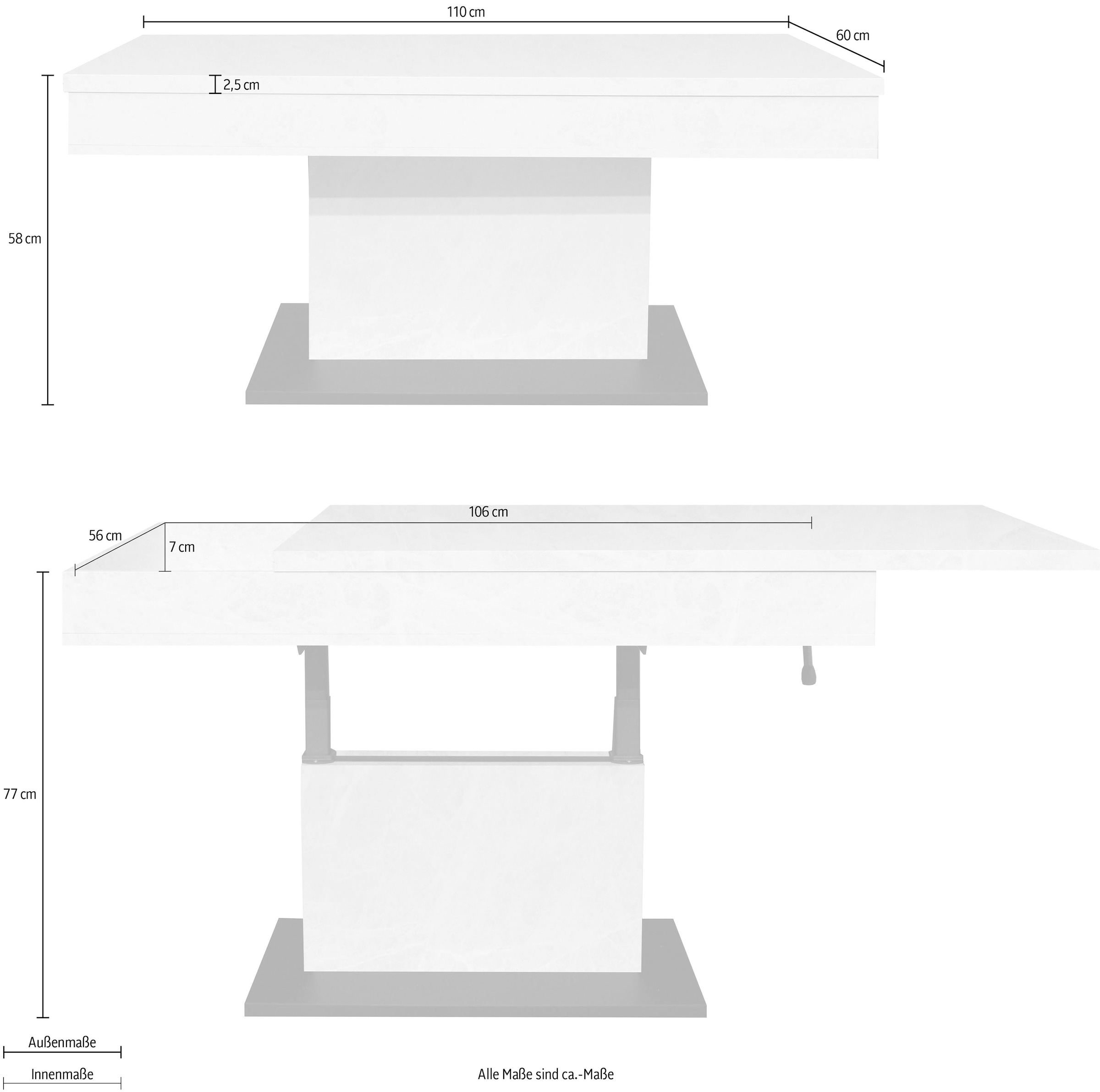 Mäusbacher Couchtisch »Lift Couchtisch«, höhenverstellbar 58-77cm,Tischplatte aufziehbar, Staufach, 110cm breit