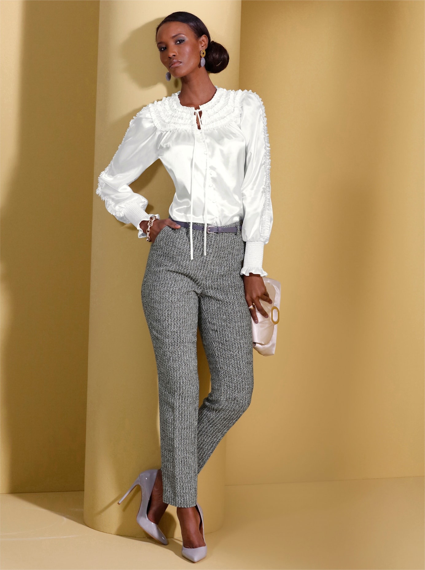 Webhose CREATION L, Damen, Gr. 25, Kurzgrößen, schwarz-weiß (anthrazit, ecru, meliert), 90% Polyester, 10% Wolle, gemustert, mehrfarbig, meliert, lang, Hosen 5-Pocket-Hose 3