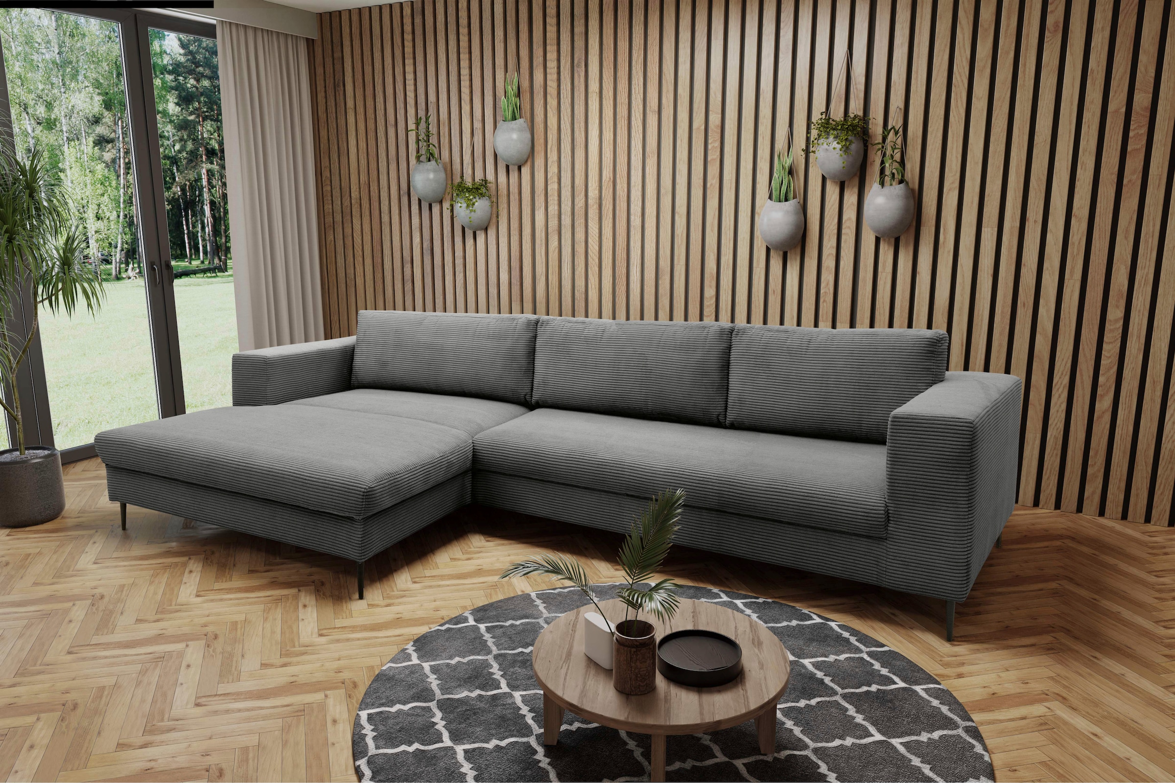 DOMO collection Ecksofa "Modica, zeitlos & elegant, Breite 329cm, hoher Fuß, bequem, L-Form" Auch in Cord, Fußhöhe passend für gängige Saugroboter