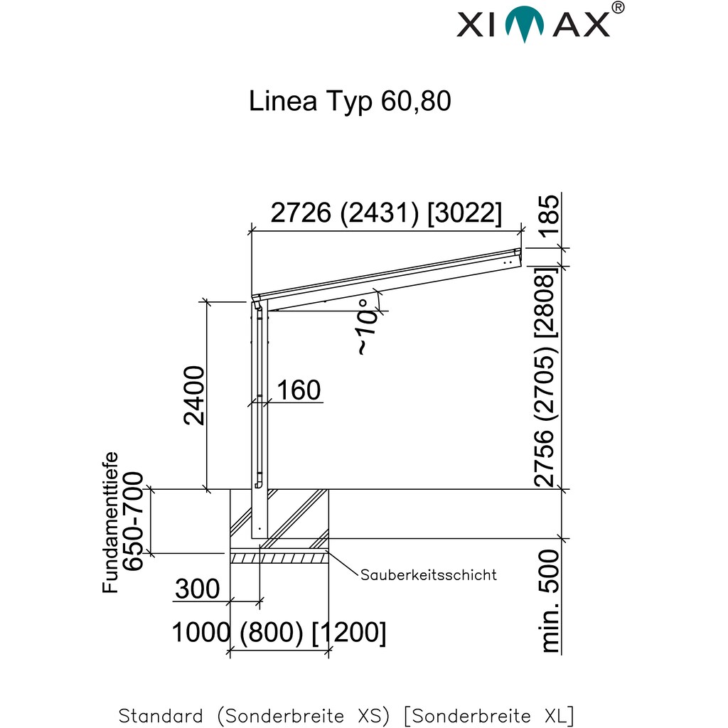 Ximax Einzelcarport »Linea Typ 80 Standard-Edelstahl-Look«, Aluminium, 257 cm, edelstahlfarben, Aluminium