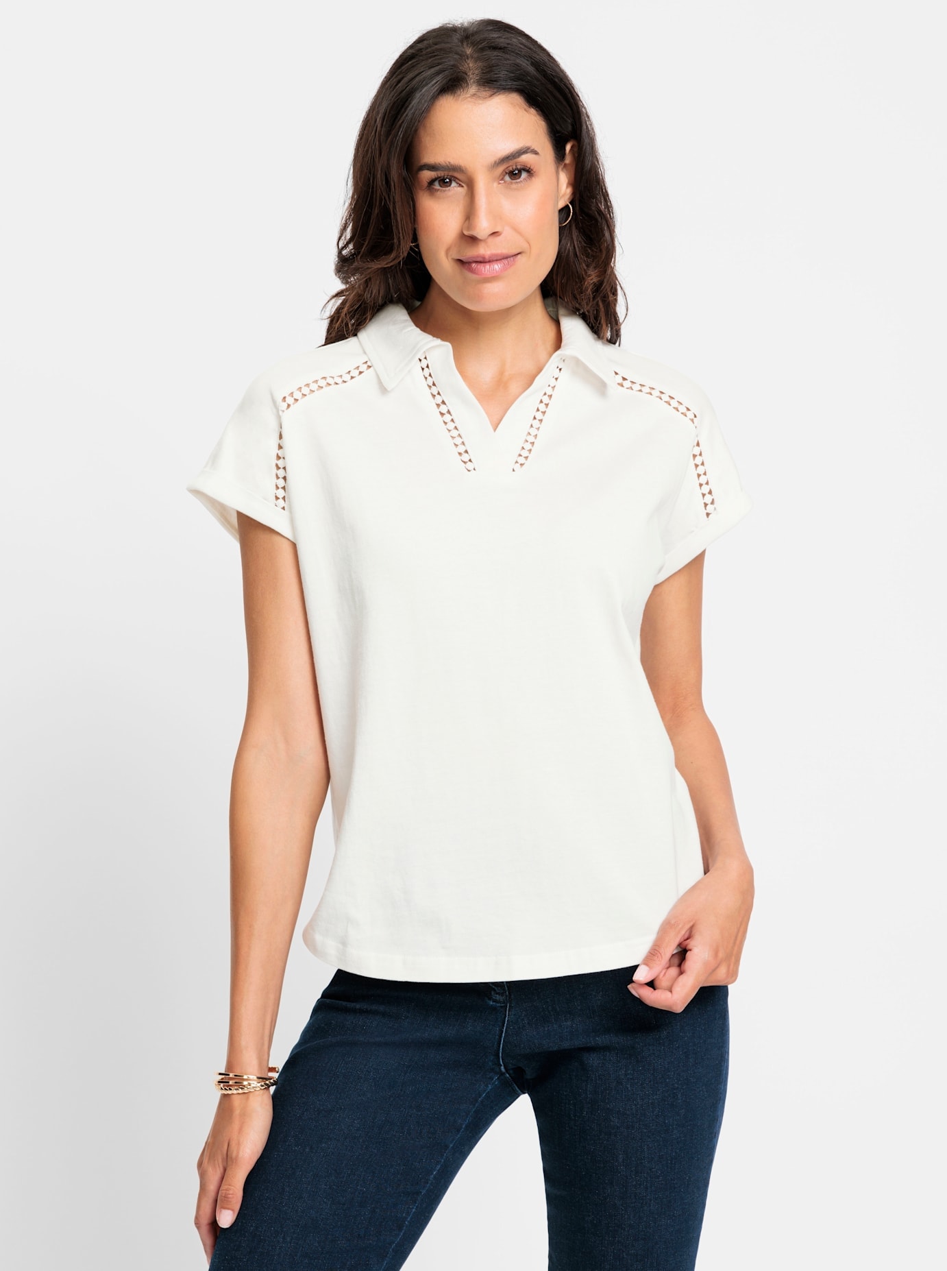 V-Shirt INSPIRATIONEN "V-Shirt", Damen, Gr. 46, beige (ecru), 100% Baumwolle, unifarben, V-Ausschnitt, Shirts