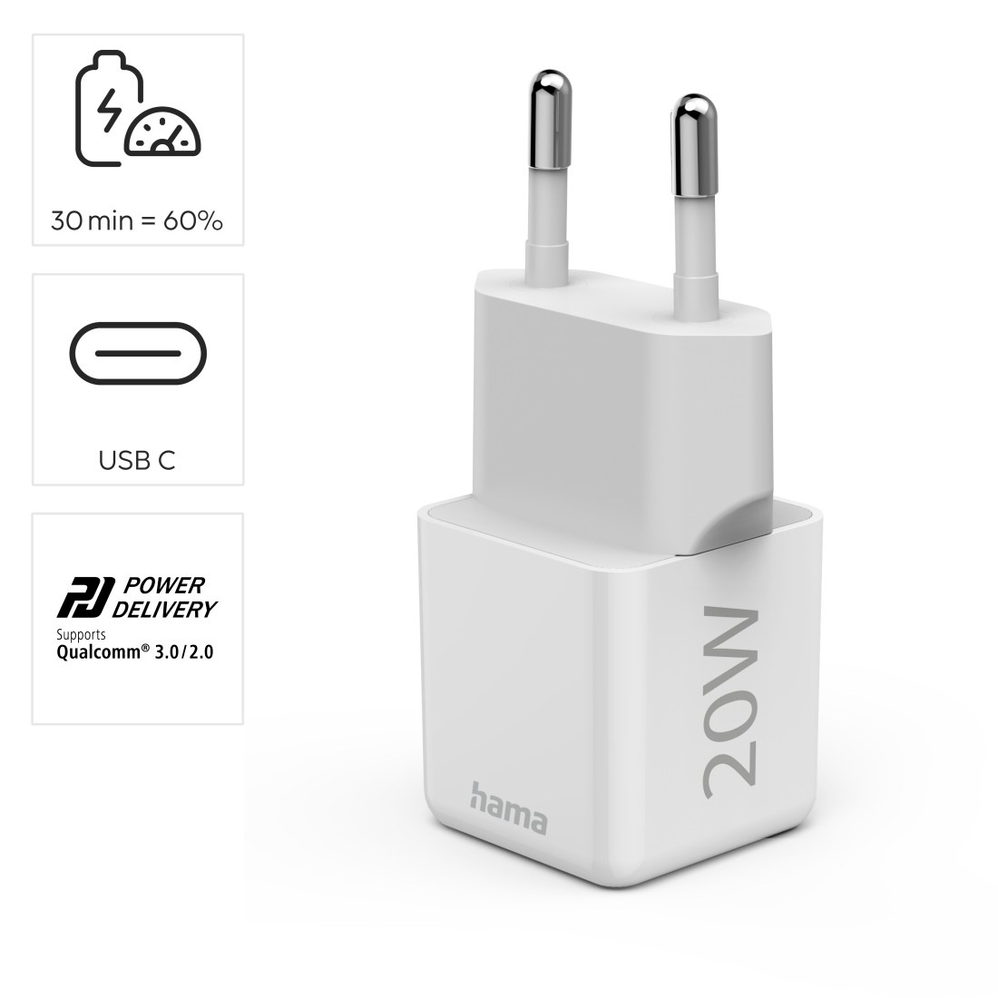 Hama Schnelllade-Gerät »Schnellladegerät (USB-C, PD/QC, extraklein 2,9 x 2,75 x 2,75 cm, 20 W)«, (1 St.)