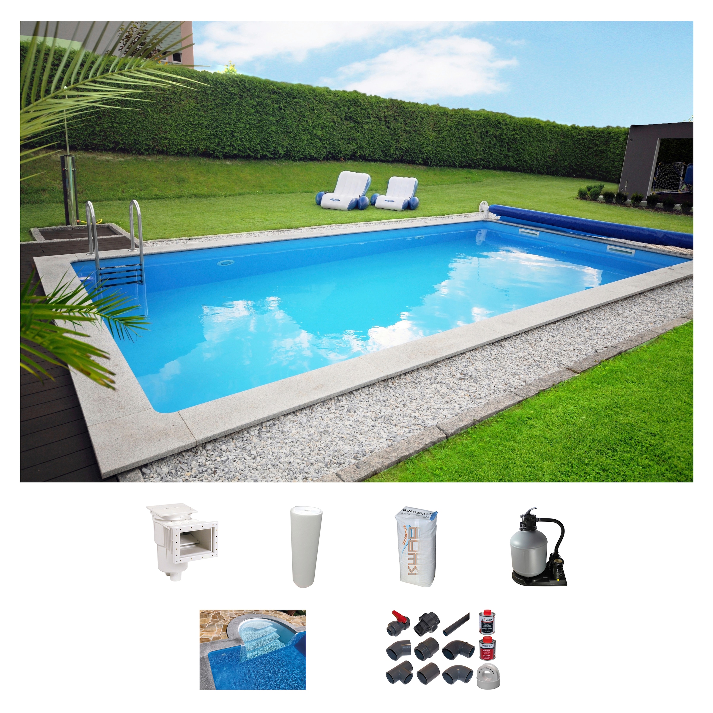 KWAD Rechteckpool "mit Römertreppe", (Set), 8x4, 7x3,5 oder 6x3m Höhe: 1,50m, mit Foliensack 0,6mm