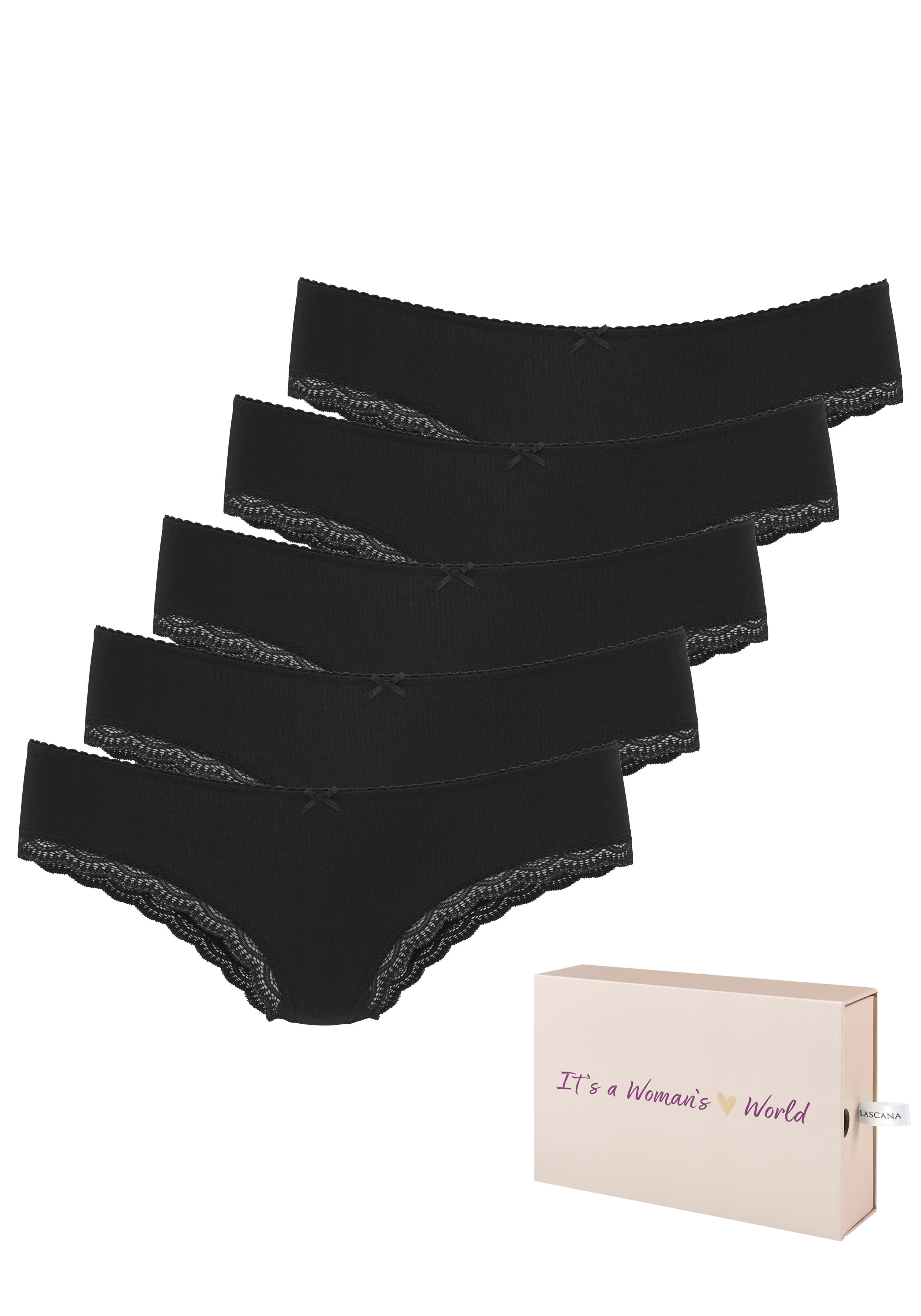 LASCANA Brasilslip 5er-Pack, aus elastischer Baumwolle mit zarter Spitze, mit Aufbewahrungsbox