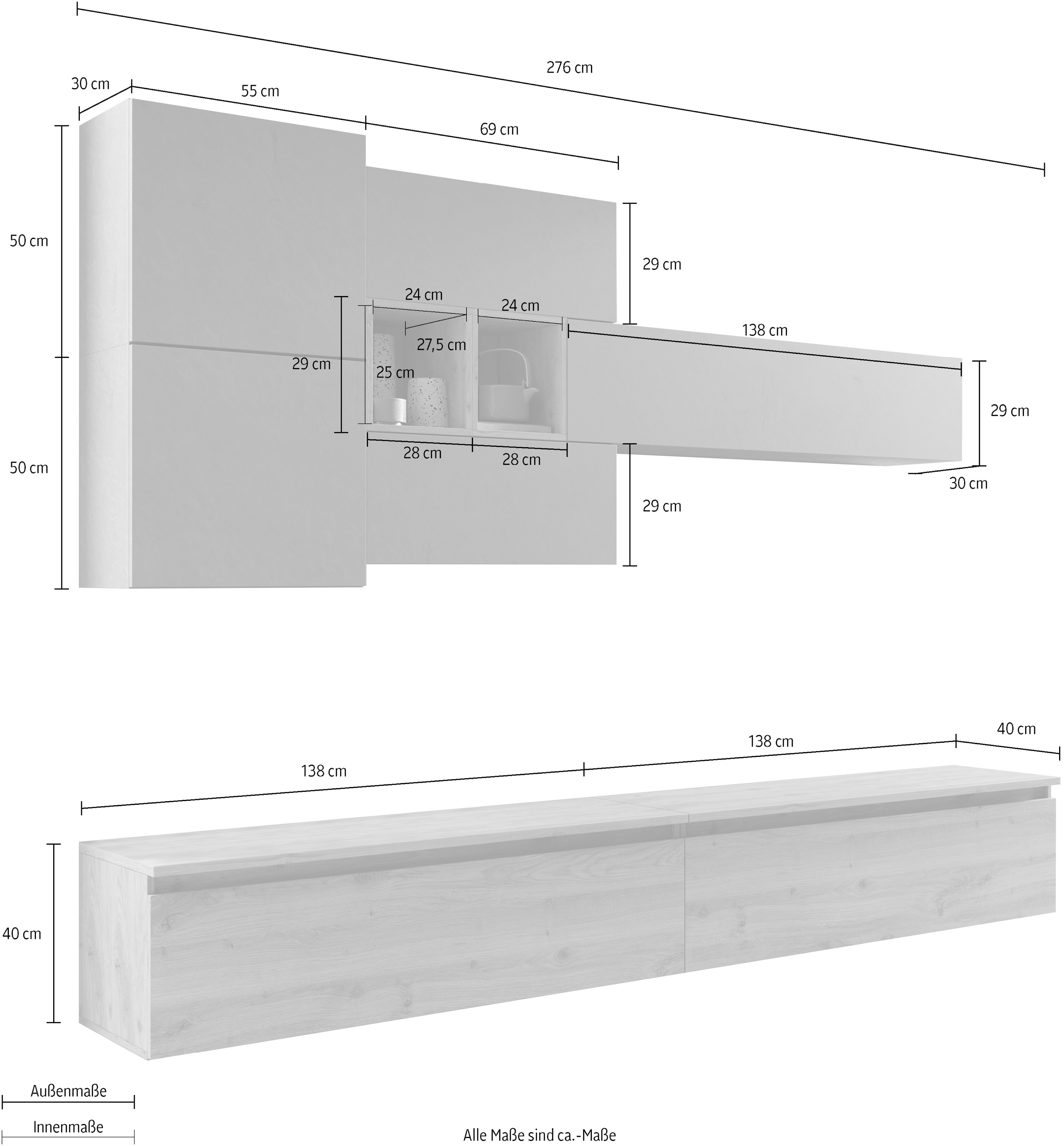 INOSIGN Wohnwand »INFINITY, 8tlg. Breite 276 cm, Höhe variabel, Schrankwand, Anbauwand«, (2x Lowboard, 3x Hängeschrank, 2x Hängewürfel, Würfelregal Set)
