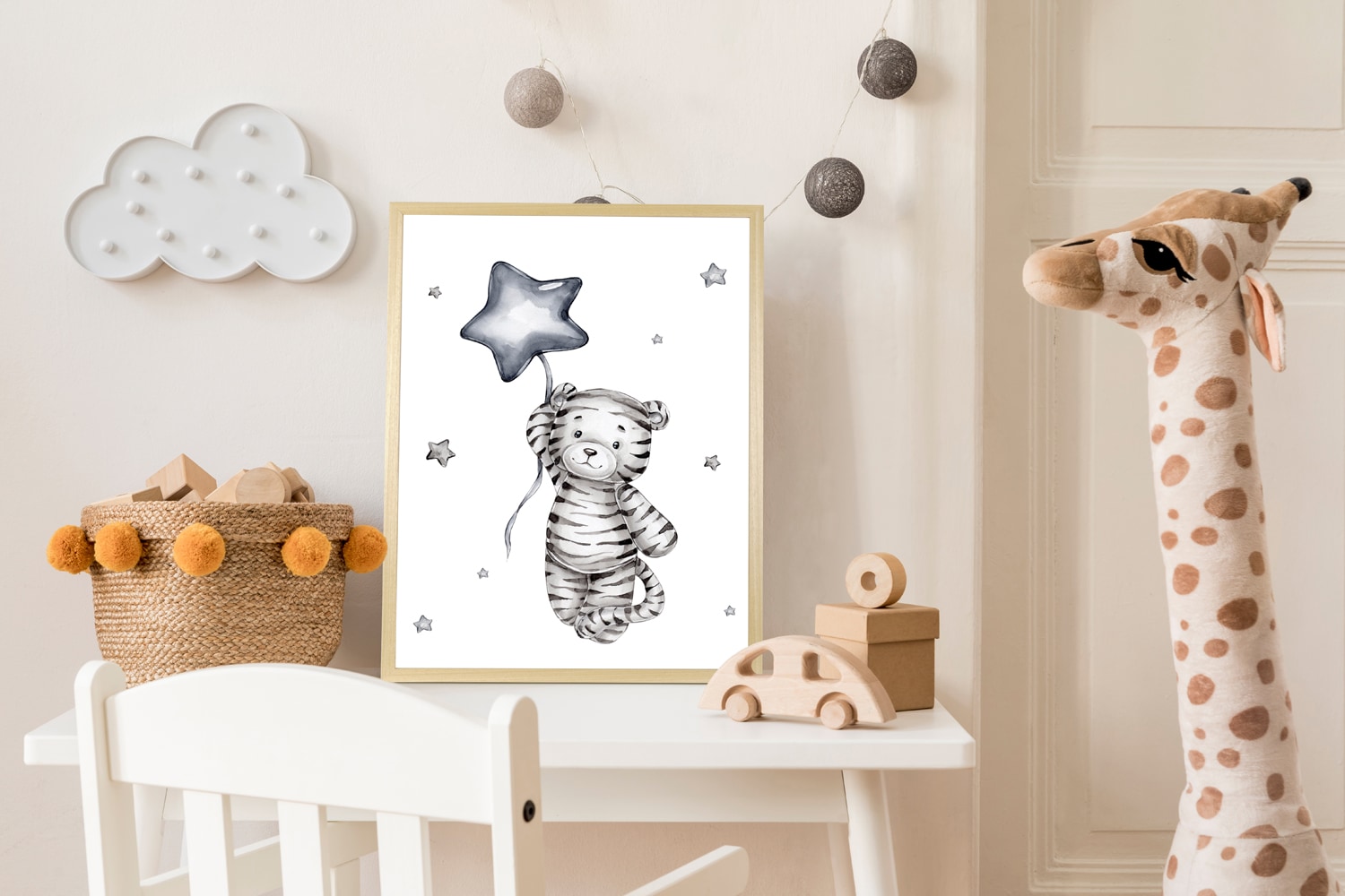 queence Bild mit Rahmen "Kleiner Tiger mit Ballon" Bilder vom Sternenhimmel Himmel Himmelsbilder Leopard Luftballon Stern Sterne Tiere 1 Stk. tlg. HD Premium Posterdruck mit Echtholzrahmen
