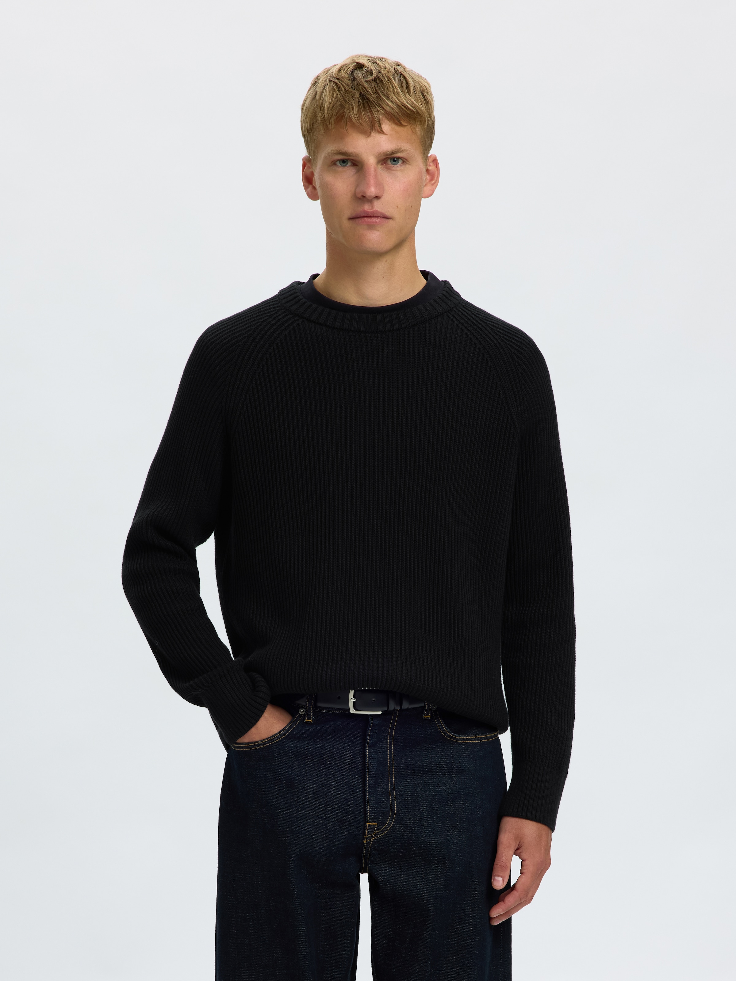 SELECTED Rundhalspullover "SLMBRAUN KNIT RIB CREW NECK NOOS" Baumwolle, relaxed fit