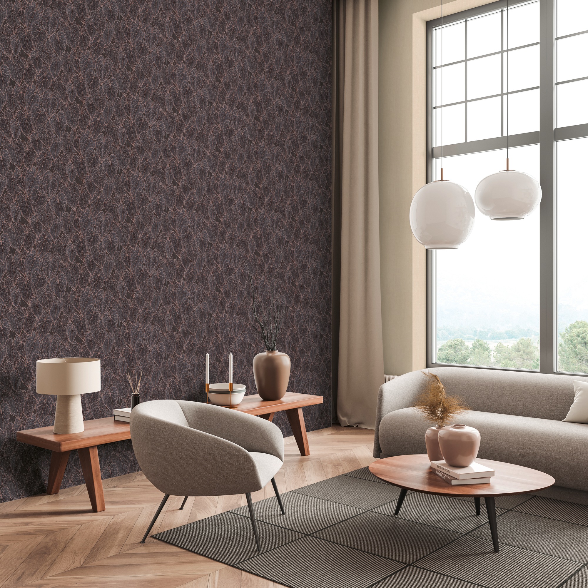 living walls "Tropen-Tapete - Blättermuster modern glänzend" leicht glänzend strukturiert Elegante Vliestapete mit tropischem Blättermuster