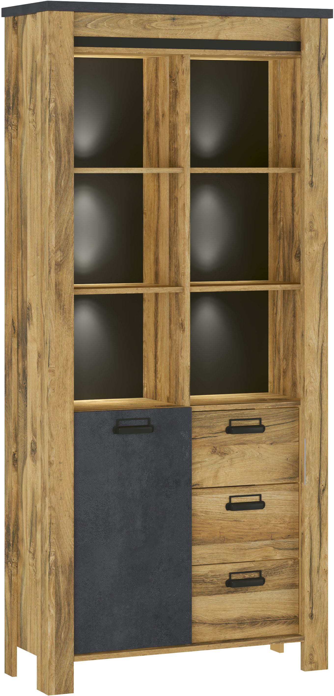 Home affaire Vitrine »York, moderner Hochschrank, Schrank in Hunton Oak Dekor«, mit Apothekergriffen aus Metall, Industrialdesign, 200 cm hoch