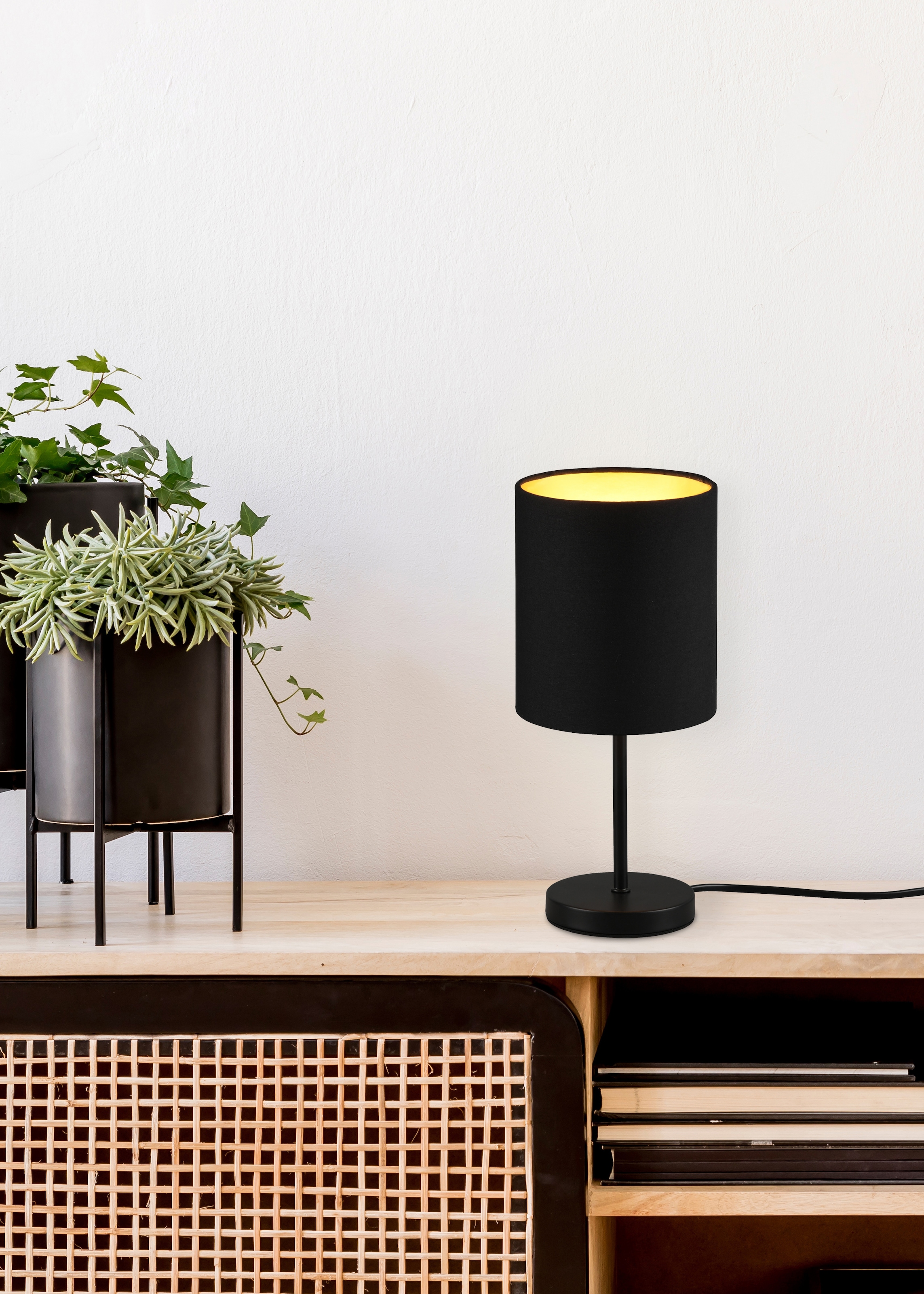 REALITY Leuchten Tischleuchte »Jerry«, 1 flammig, Leuchtmittel E14 | Leuchtmittel wechselbar, Tischlampe 28cm, Ø 13cm, Stoffschirm in schwarz/gold, Schnurschalter