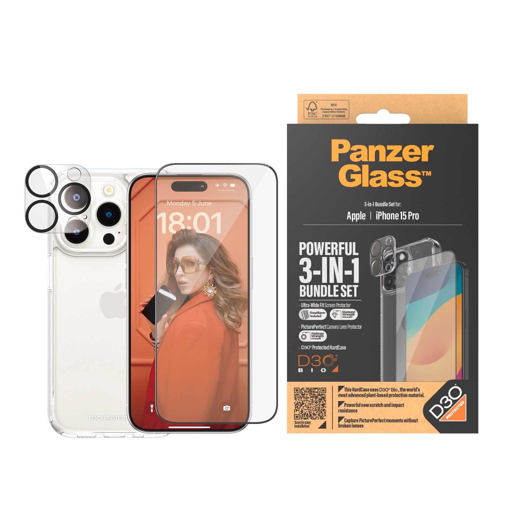 PanzerGlass Displayschutzglas »3-in-1-Pack Screen, Camera Protector und Cover«, für iPhone 15 Pro