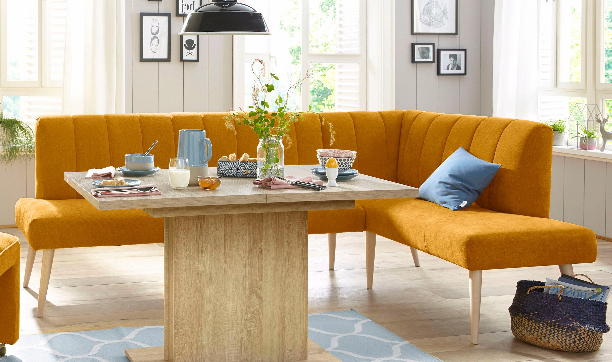exxpo - sofa fashion Eckbank »Costa, moderne Rückensteppung, bequem und elegant, hoher Holzfuß«, hochwertig verarbeitet, Frei im Raum stellbar