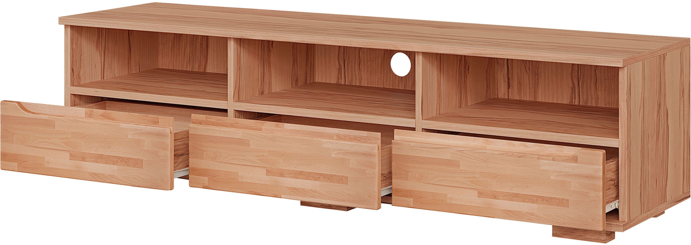 OTTO home Lowboard »VETRO Teilmassiv, Fronten Massivholz, Wohnzimmer, Stauraum,Griffmulde« B/T/H:150/40/40 cm, 3 Schubladen, 3 offene Fächer, kabeldurchführung