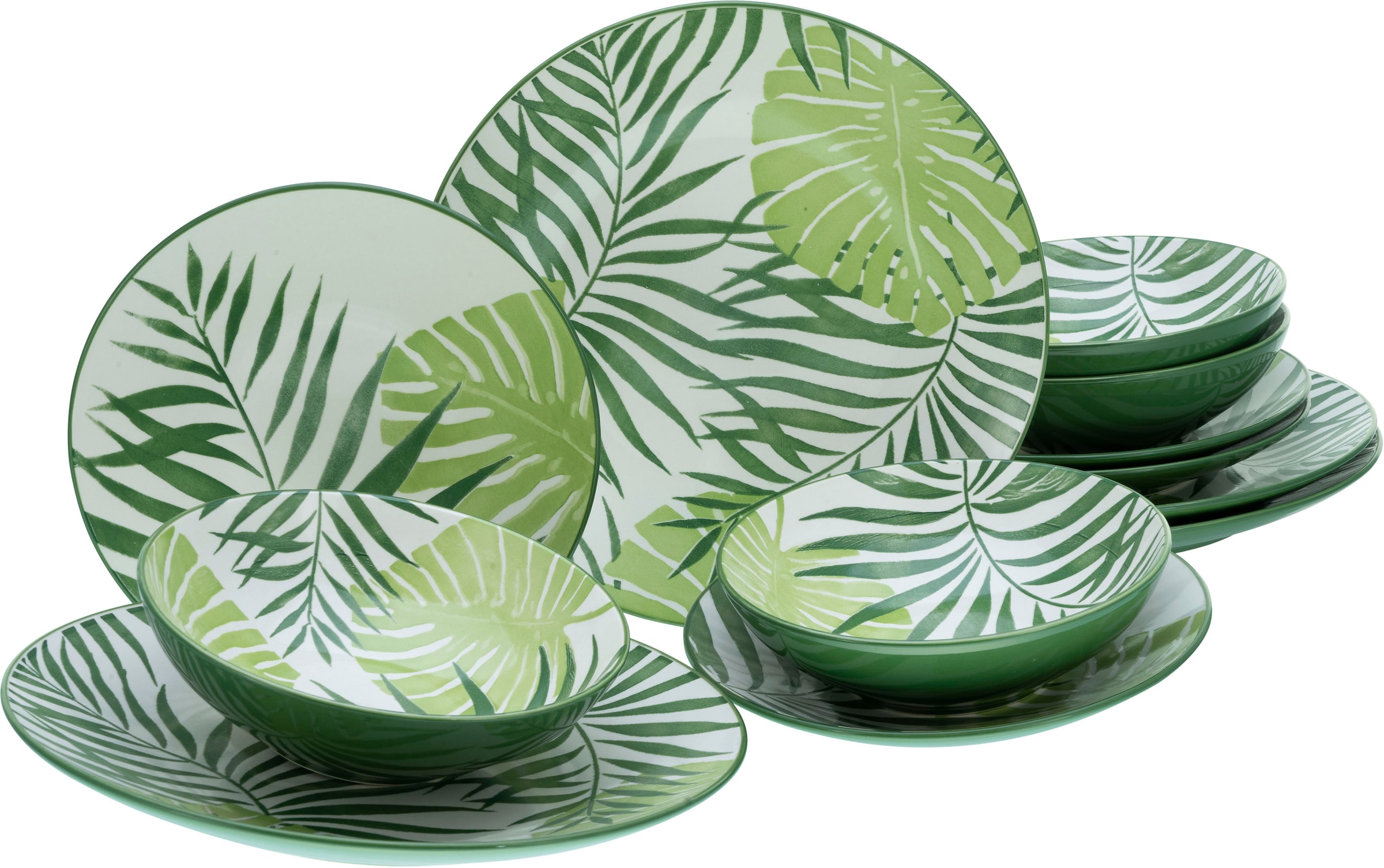 CreaTable Teller-Set "Tropicana", (Set, 12 tlg.), vollflächiger tropischer Blätter Dekor