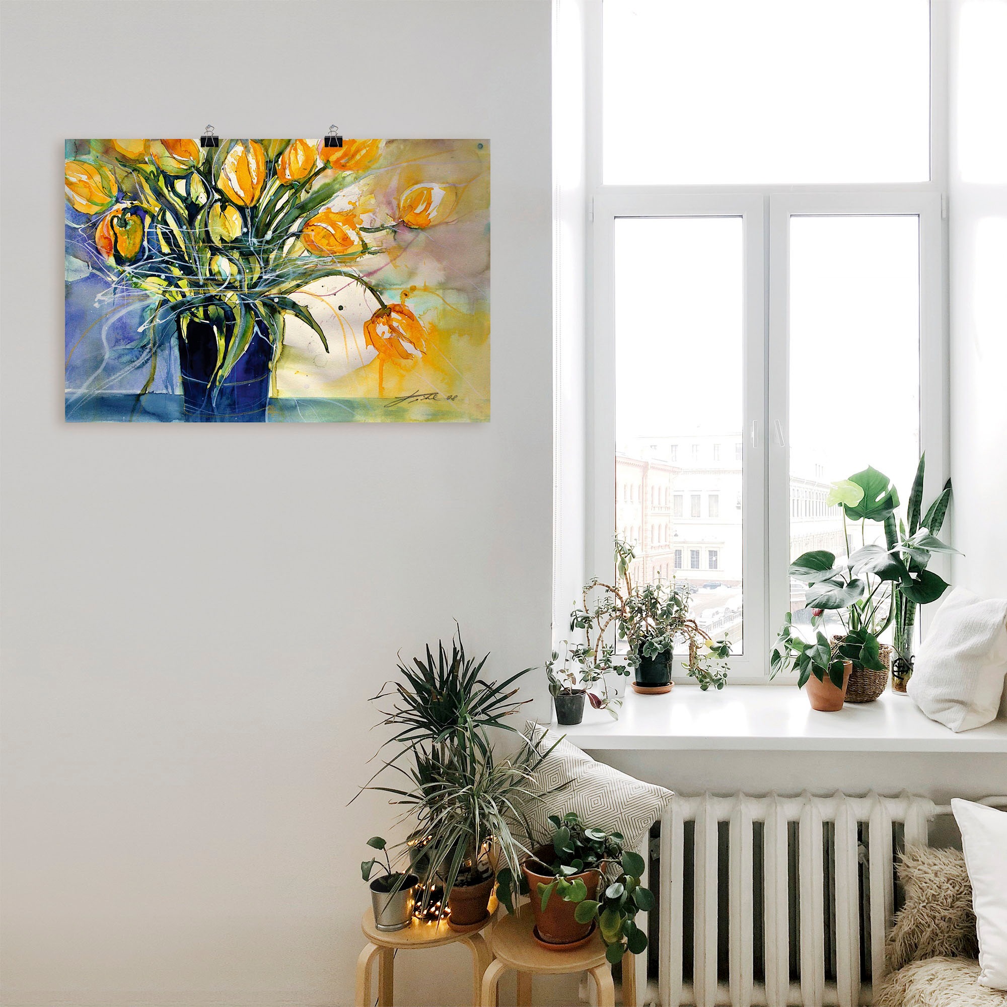 Artland Leinwandbild »Gelbe Tulpen in schwarzer Vase«, Arrangements, (1 St.), auf Keilrahmen gespannt