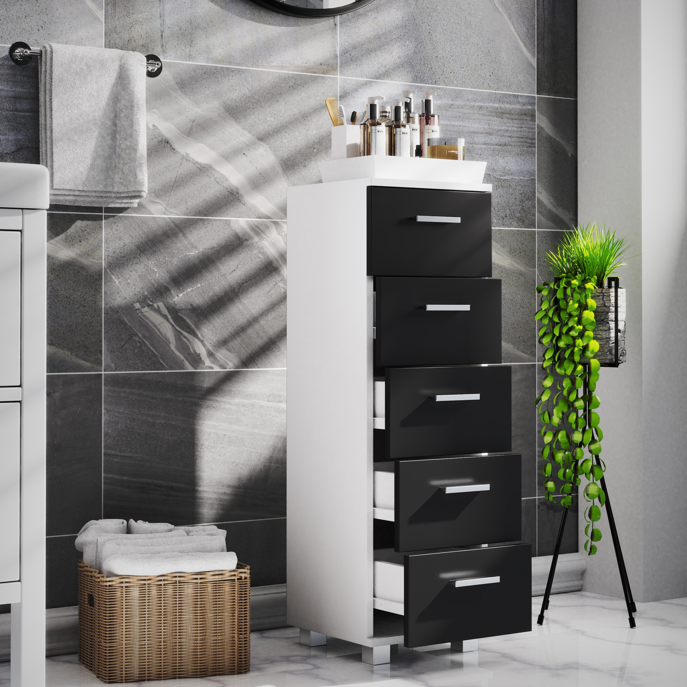 VCM Hochschrank »VCM Holz Midischrank | Badschrank | Maße: H. 90 x B. 30 x T. 30 cm | Kommode | 5 Schubladen - Zalo M«, (1 St.)