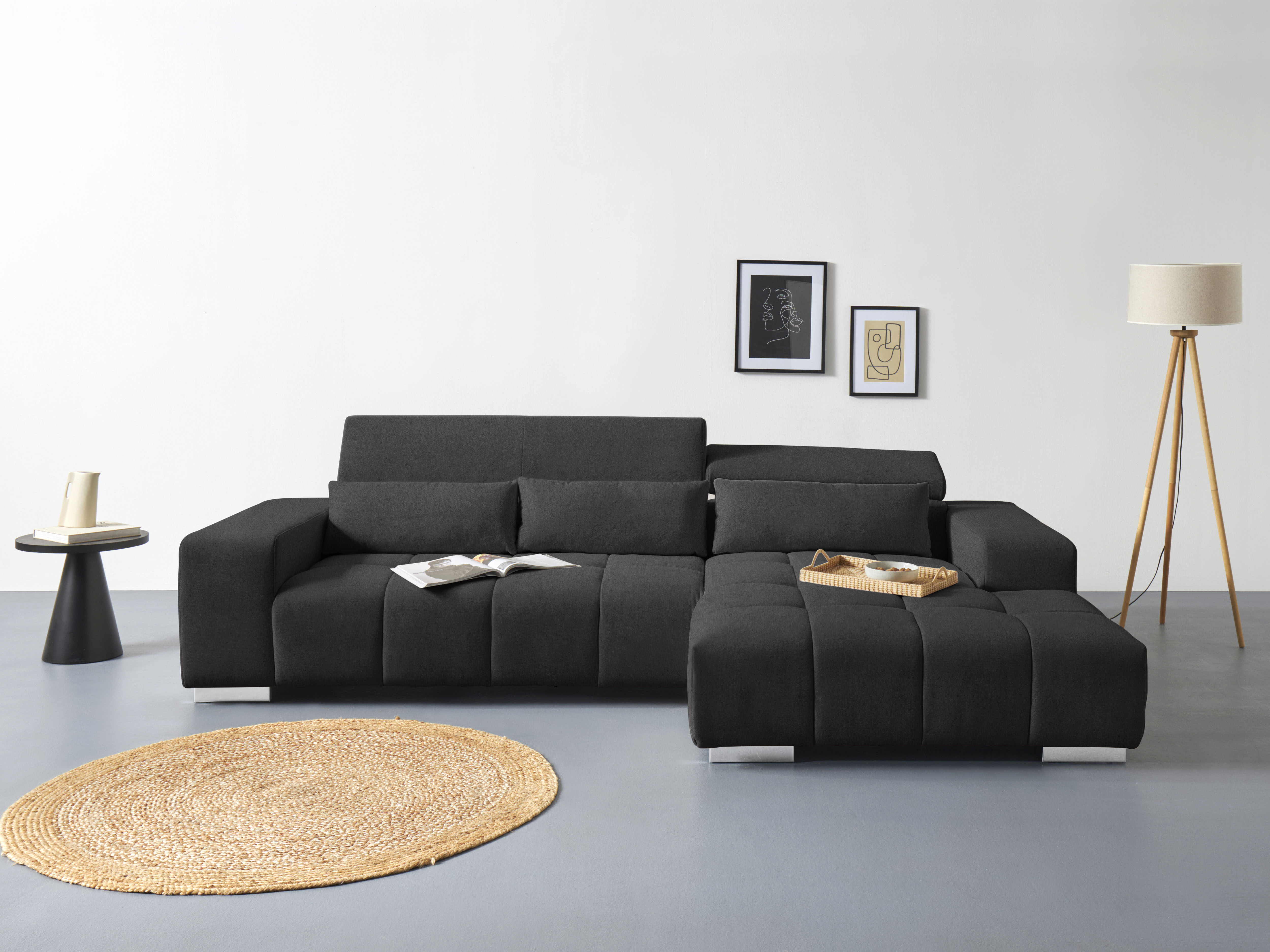 COTTA Ecksofa "Orion L-Form, B: 307 cm, moderne Steppung, bequeme Wellenunterfederung" 2x Kopfteilverstellung & 3 Nierenkissen